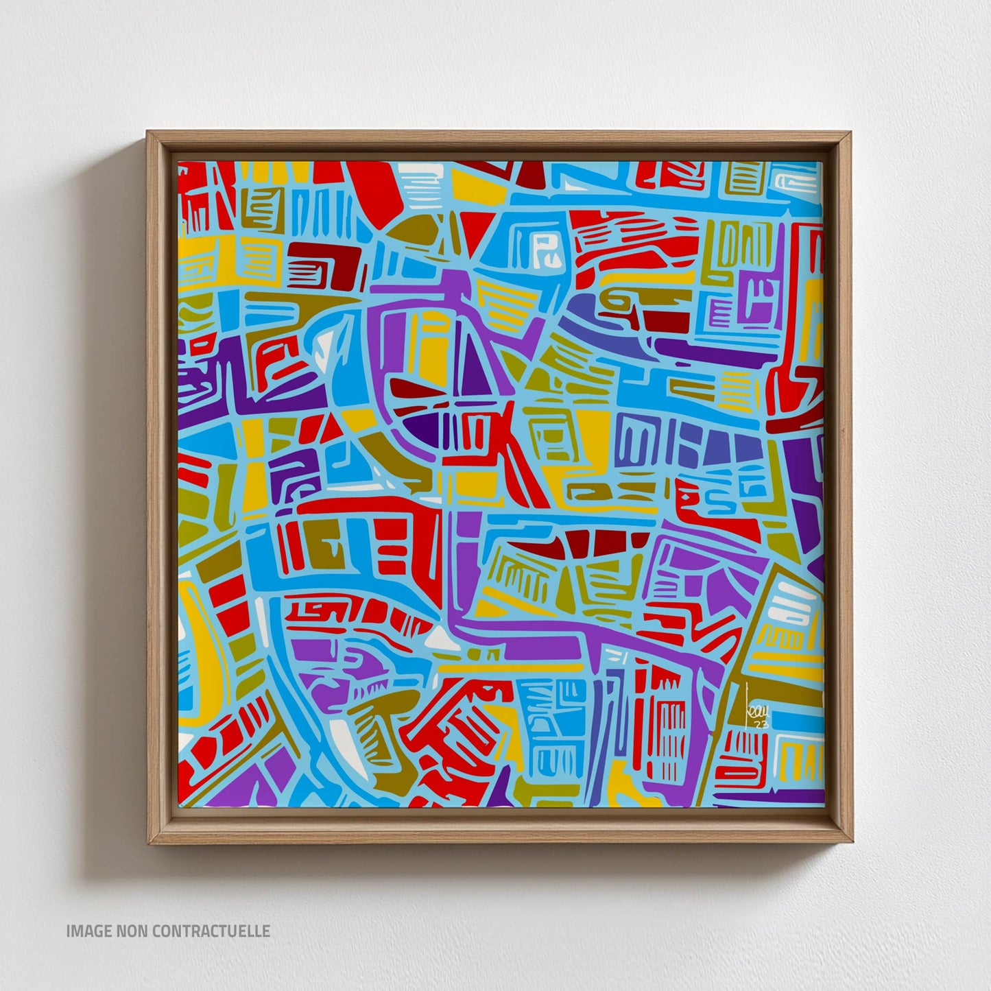 Mon ouvre "La Cité Bleue" - Nuances de bleu profond rappelant l'architecture et l'énergie d'une métropole. Monté sur cadre flottant 110x110cm