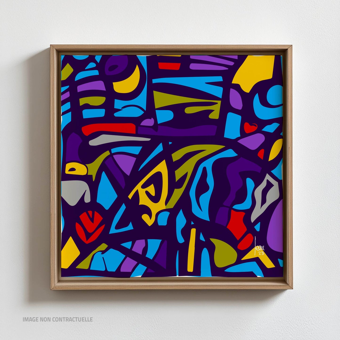 Mon oeuvre "Les Vitraux Bleus", tirage sur cadre flottant 110x110 cm, art abstrait contemporain.