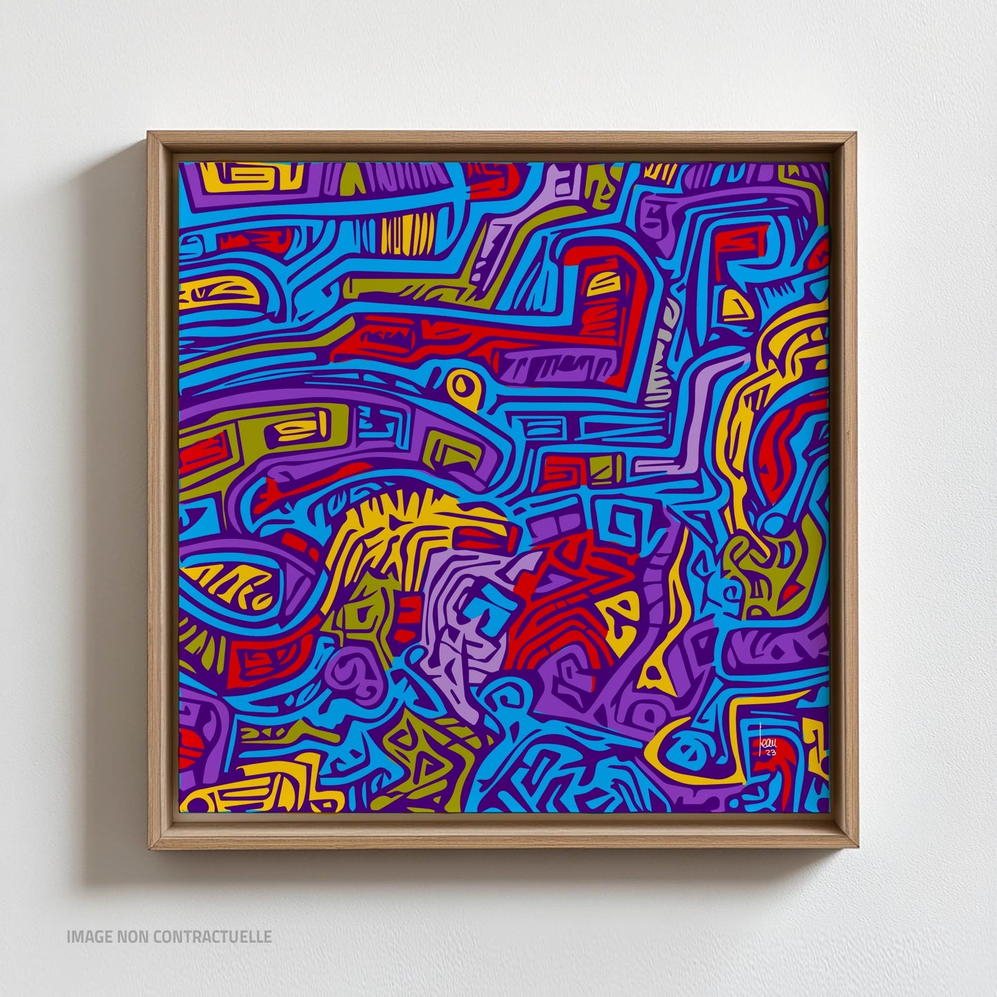 Tirage d'art "La Ville Bleue" sur cadre flottant 110x110 cm - création urbaine abstraite avec un design coloré et moderne.