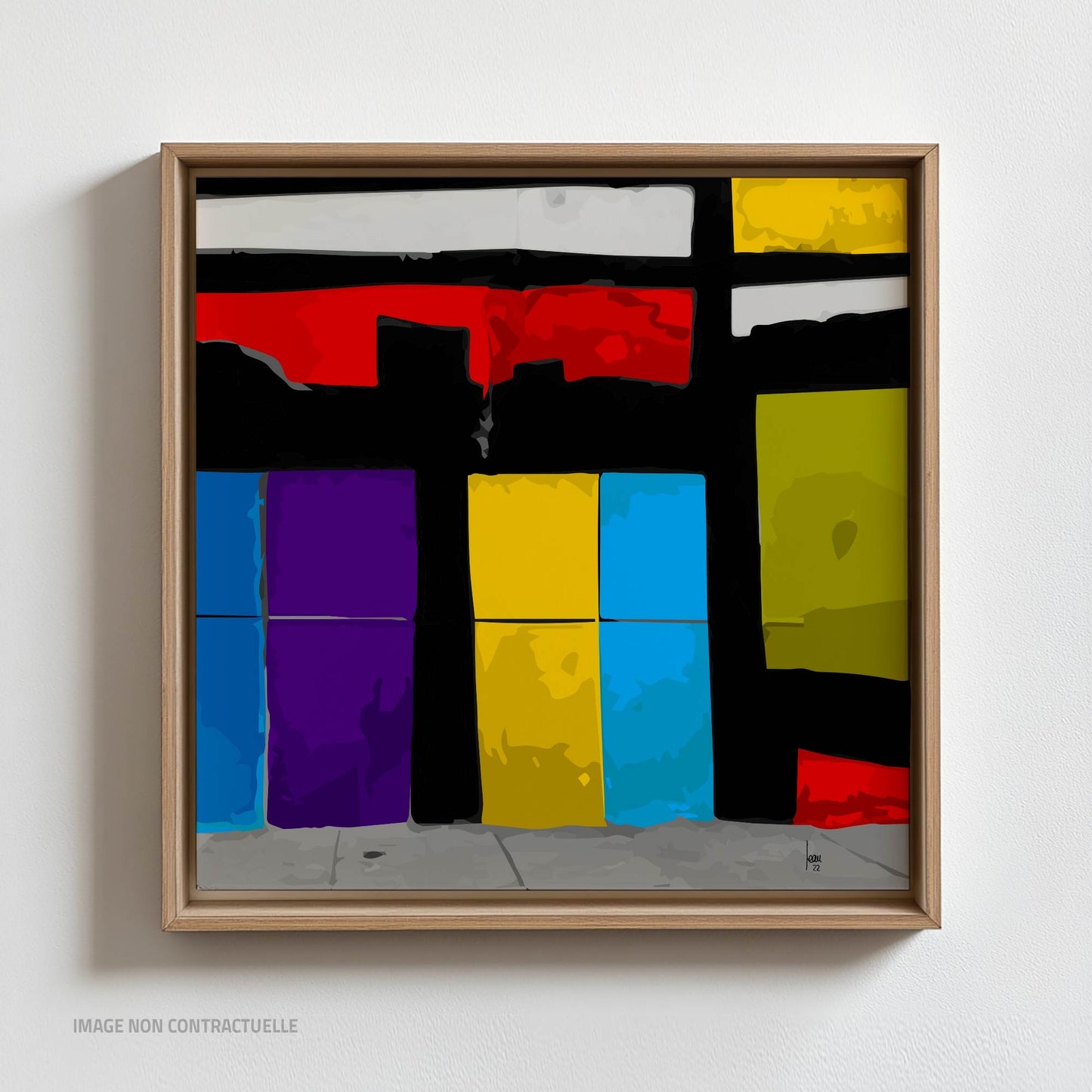 Tirage d'art "Les Vitrines" sur cadre flottant 110x110 cm, abstrait contemporain avec vitrines urbaines colorées - édition limitée sur limonadebleue.com