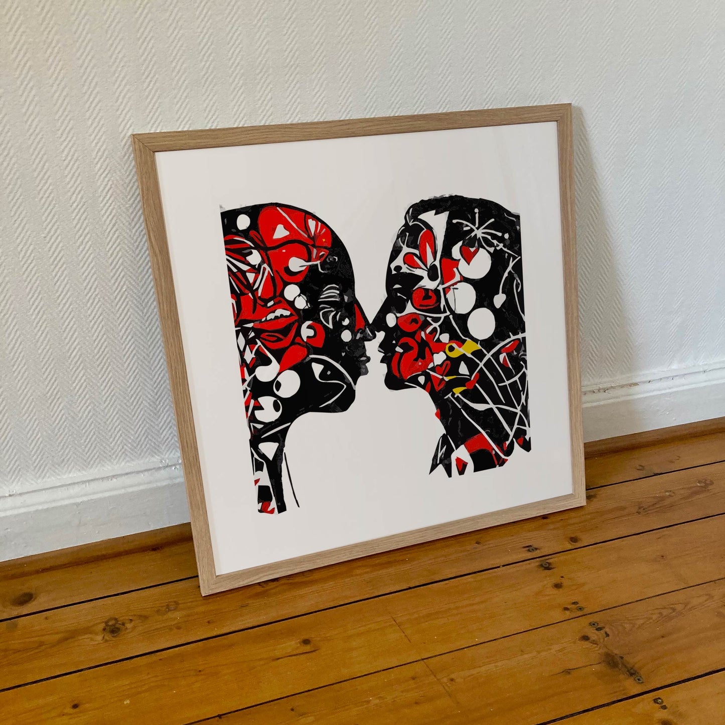 œuvre "Nos Pensées" - Deux visages abstraits noirs et blancs sous cadre 50x50cm