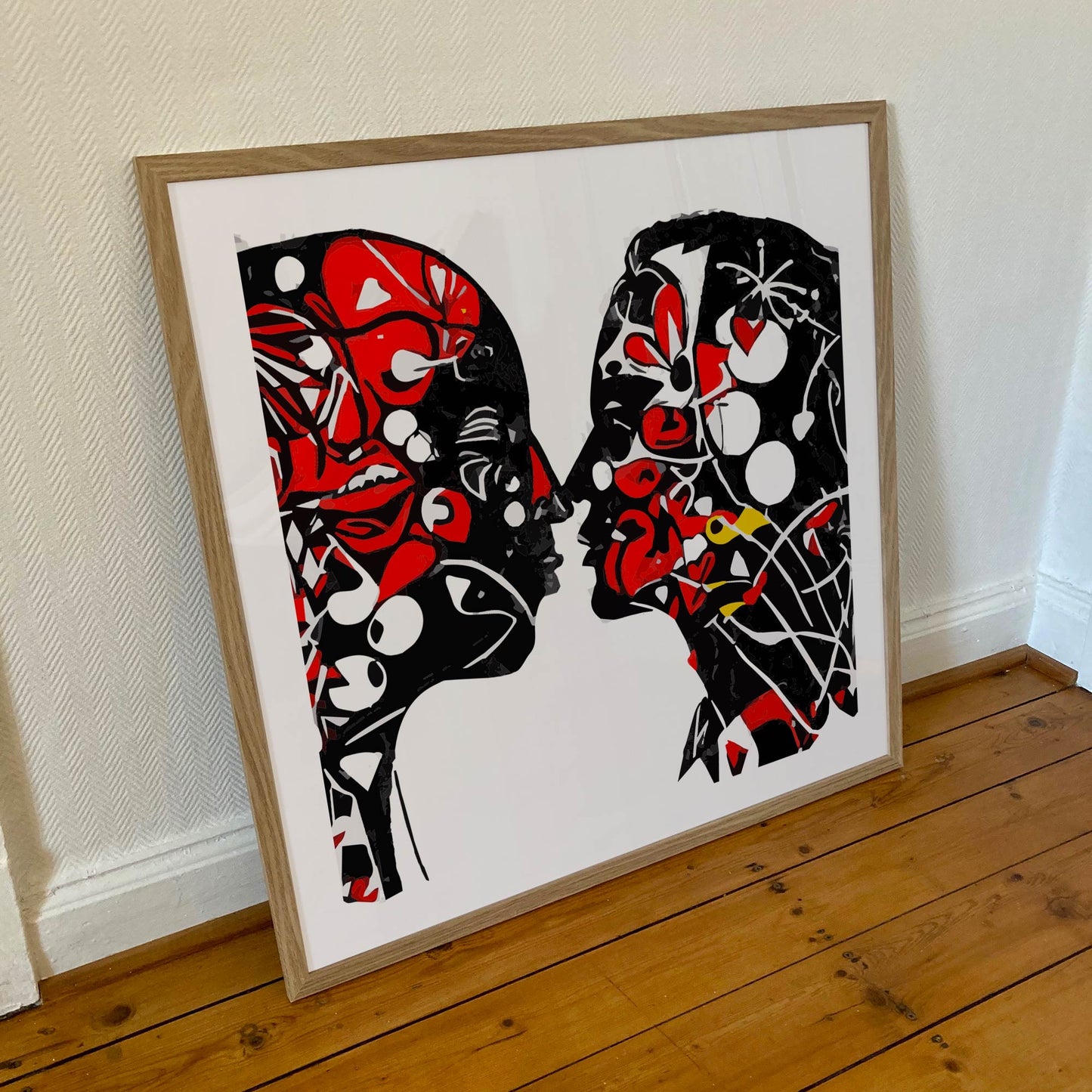 œuvre "Nos Pensées" - Deux visages abstraits noirs et blancs sous cadre 70x70cm