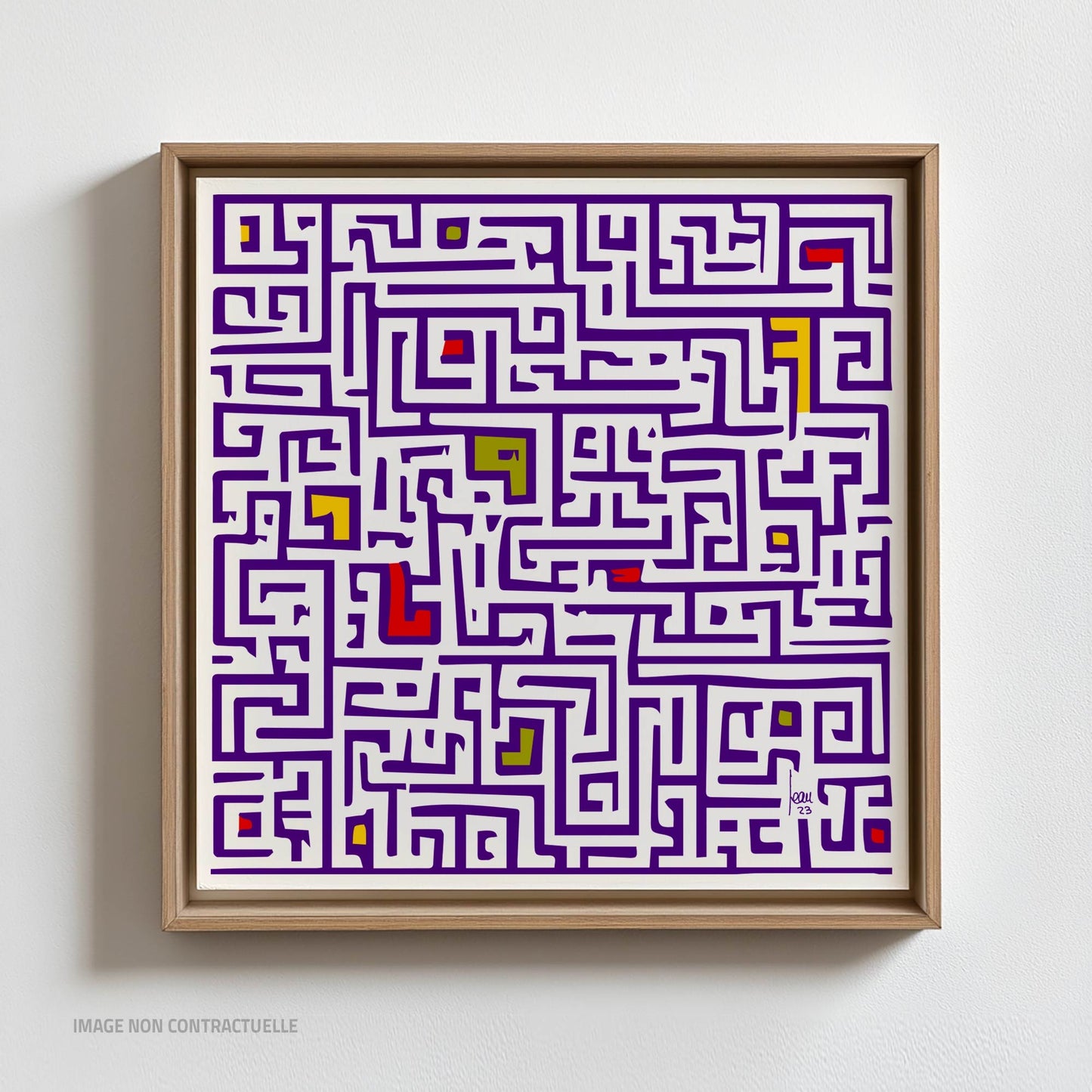 Mon oeuvre "Dédale", art abstrait encadré sur caisse américaine, perspective labyrinthique.