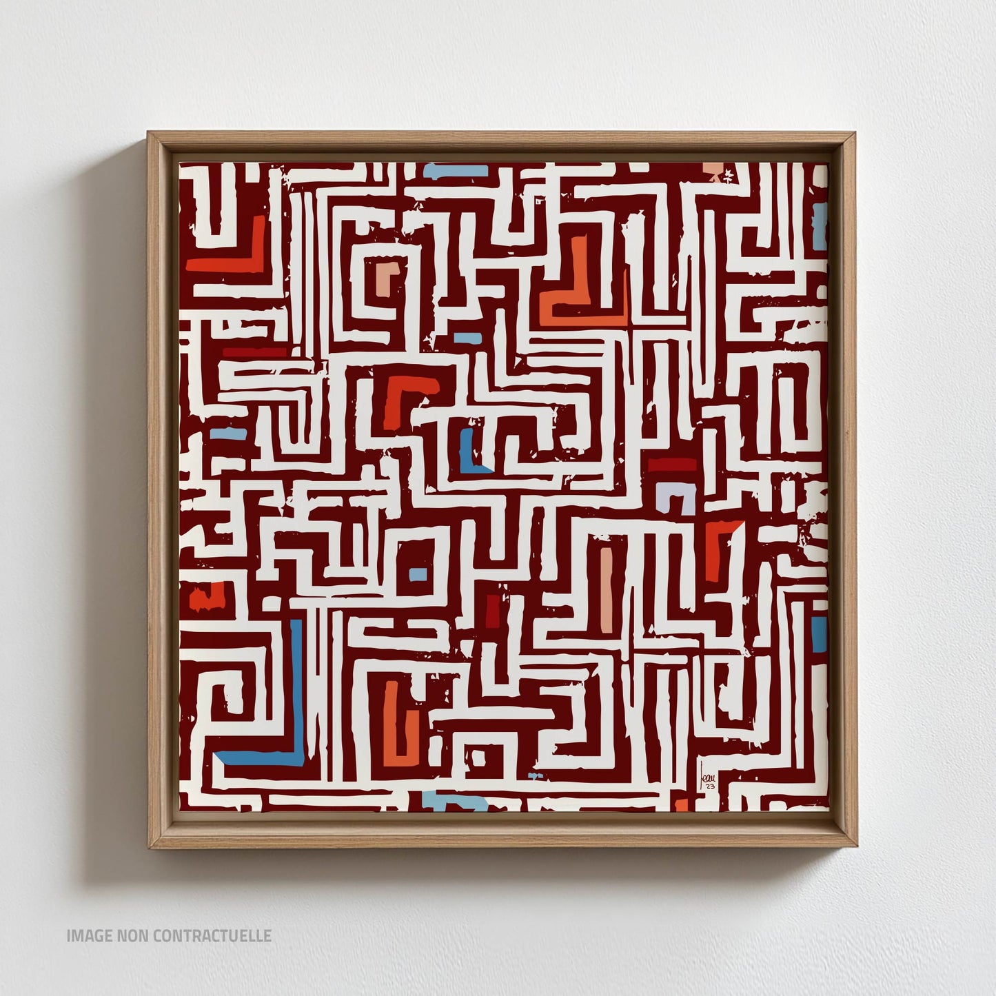 "Réseau", tirage sur cadre flottant 110x110 cm, lignes et couleurs enchevêtrées.
