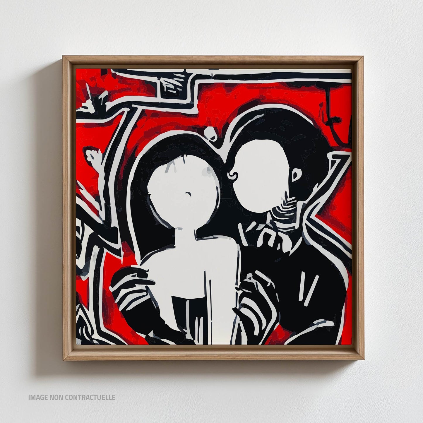 Oeuvre "Romeo & Juliet" - Contrastes puissants de rouge et bleu et motifs abstraits représentant l'amour et le dualisme. Caisse américaine 110x110cm