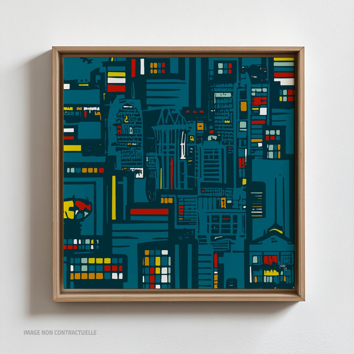 Mon oeuvre "City Lights", tirage sur cadre flottant 110x110 cm, abstraction urbaine.