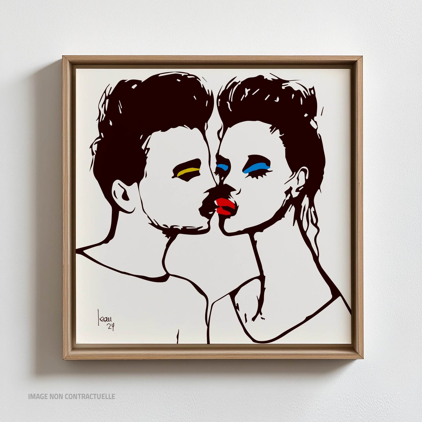 The Kiss - tirage d'art sur cadre flottant 110x110 cm, art contemporain abstrait d'un couple s'embrassant, aux couleurs noir, jaune, bleu et rouge