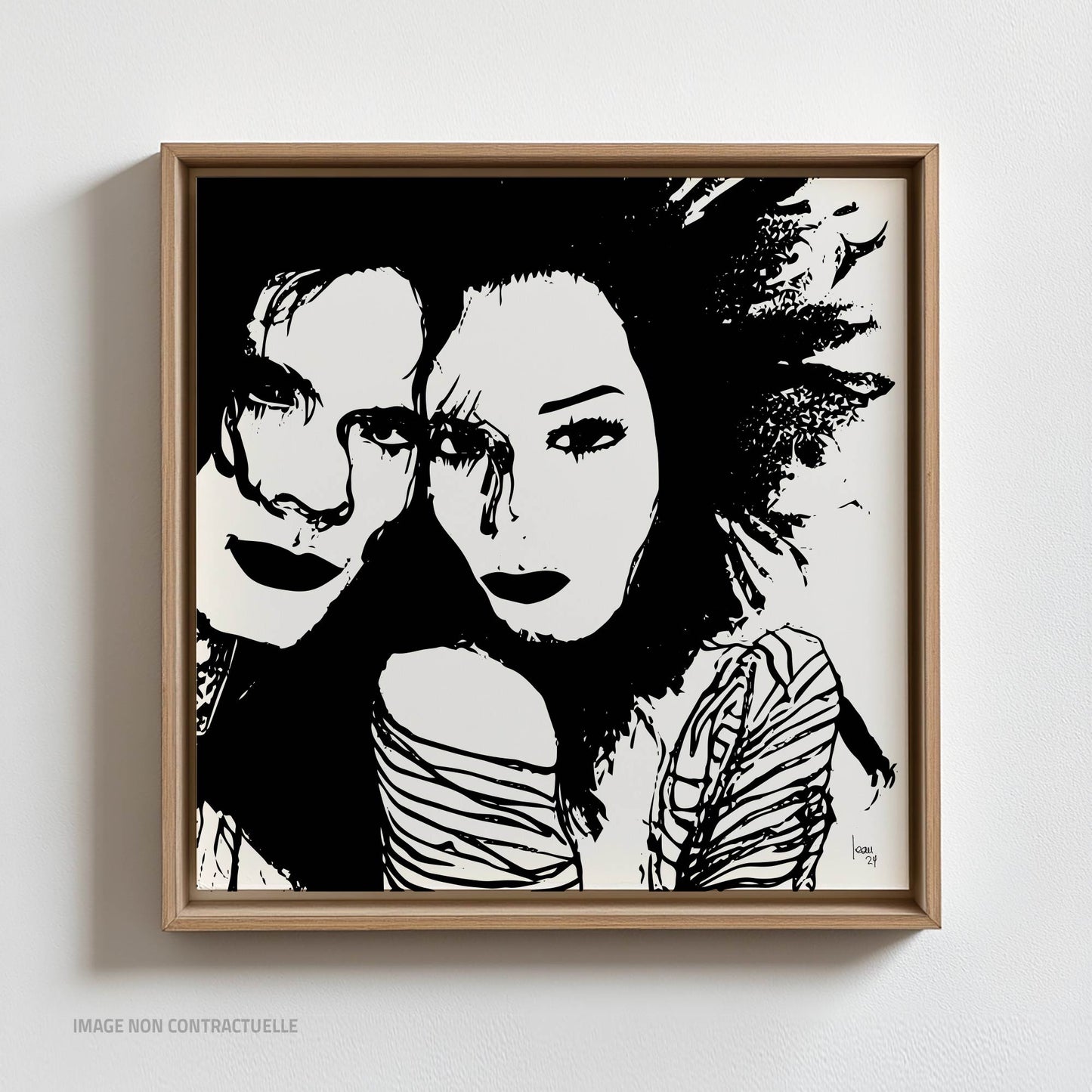 Œuvre "Lila and Jim" cadre flottant 110x110cm, portrait abstrait d'un couple amoureux en noir et blanc, disponible sur limonadebleue.com.