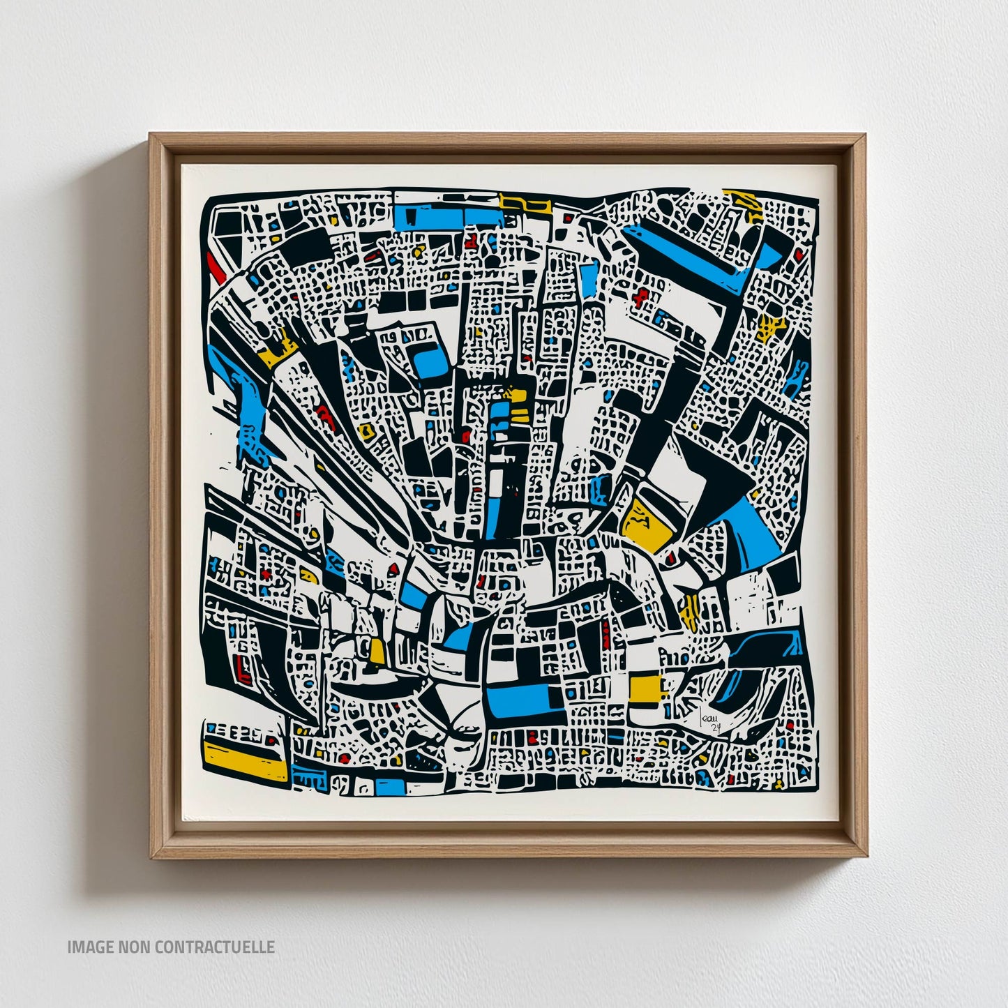 Oeuvre "Downtown" - Nuances monochromes et touches lumineuses évoquant la vie citadine. Sur cadre flottant 110x110cm