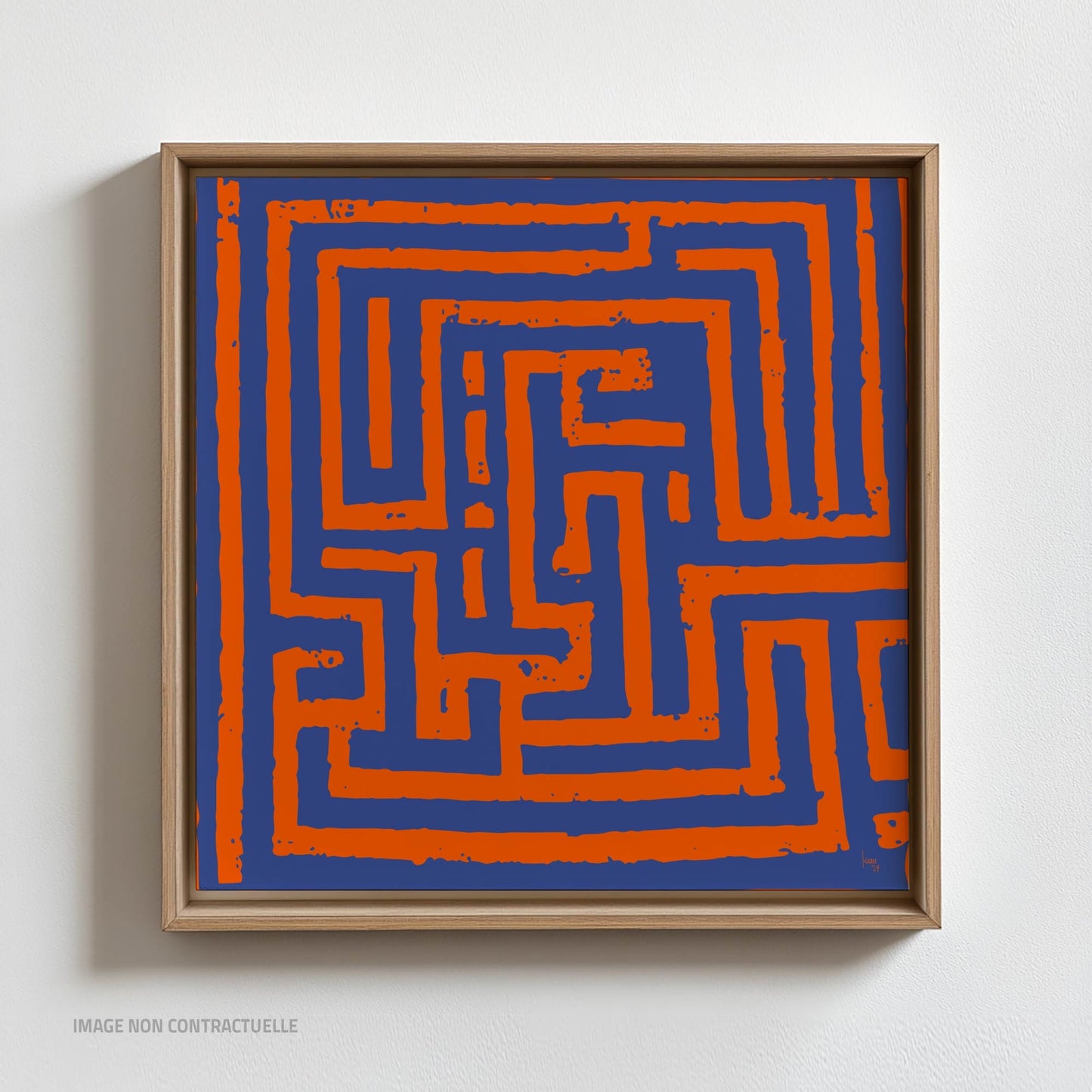 "Imbroglio", œuvre sur cadre flottant 110x110 cm, tirage d'art abstrait orange et bleu haut de gamme