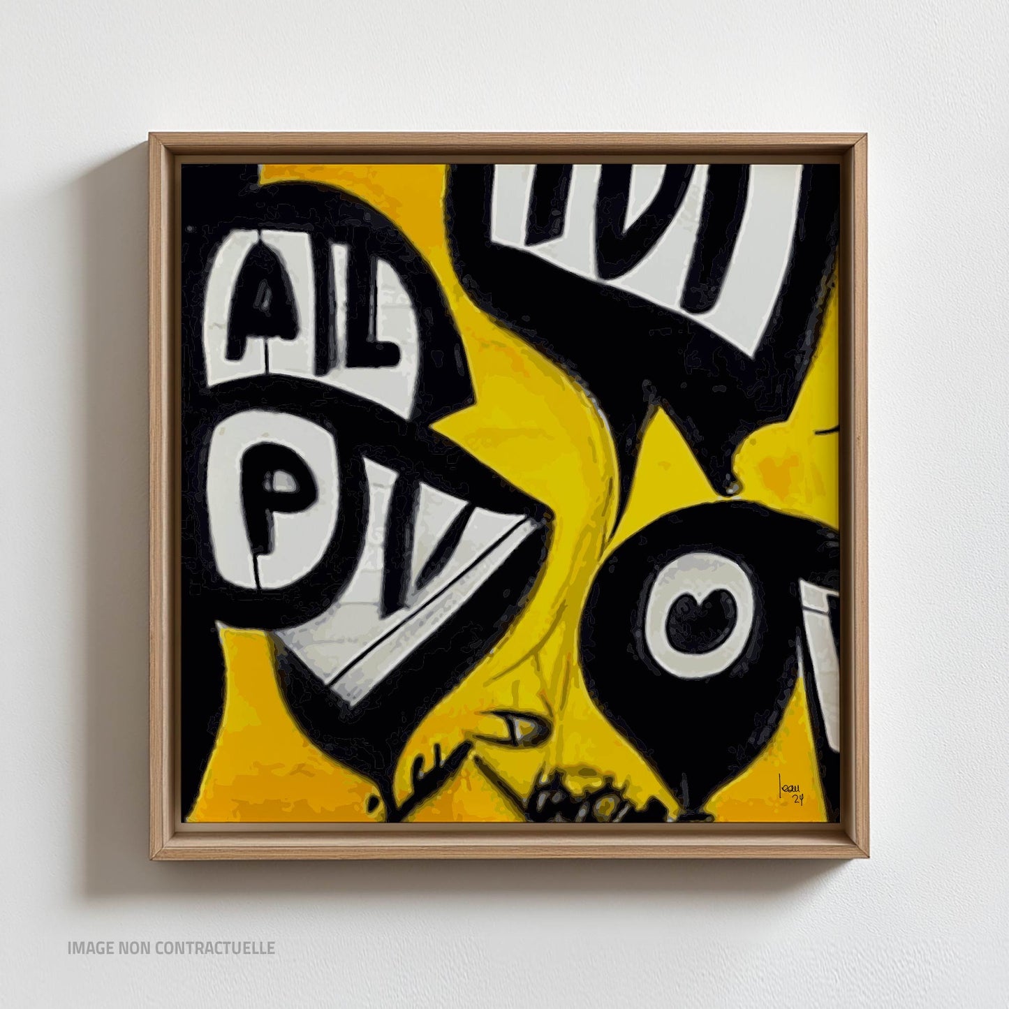Mon oeuvre "Graffiti", tirage sur cadre flottant révélant un design de lettres abstraites colorées. Format 110x110cm