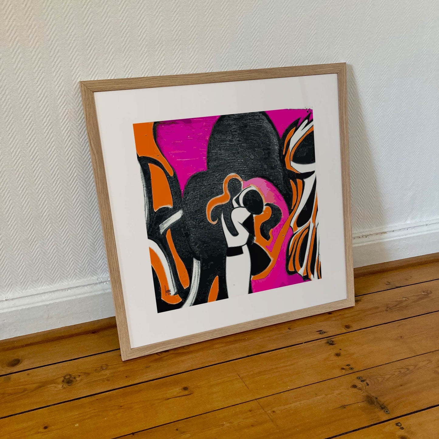 Tirage d'art abstrait "Étreinte", sur toile 50x50cm, cadre bois clair.