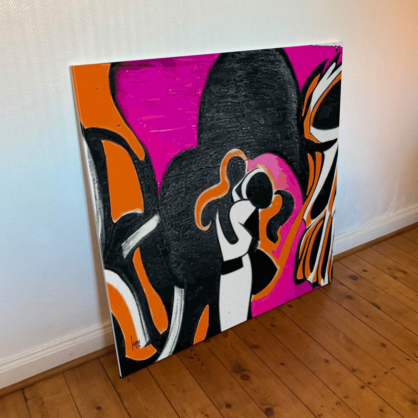 Œuvre contemporaine "Étreinte", personnage abstrait s'enlaçant dans une composition émotionnelle, tirage haute qualité.