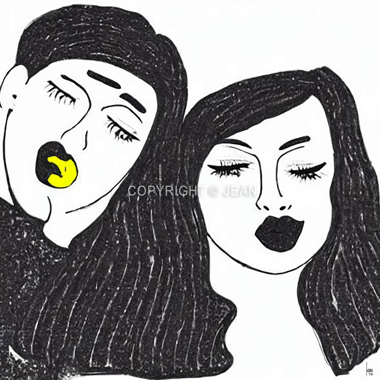 Œuvre contemporaine 'TRISTAN ET YSEULT' en noir et blanc avec touche de jaune, deux visages enlacés, style graphique minimaliste, amour et mélancolie, 2023