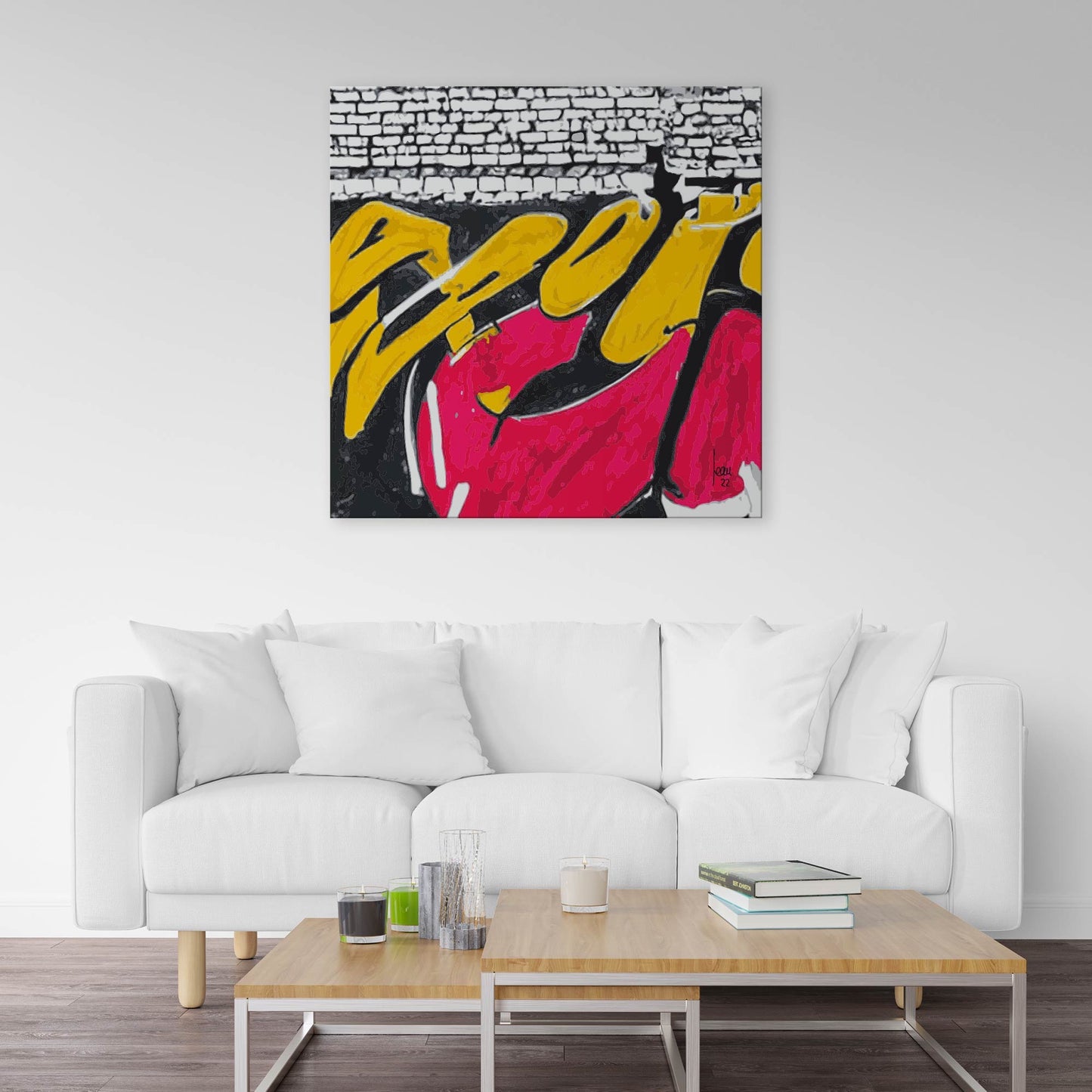 Fondations, œuvre abstraite rouge et jaune exposée dans un salon moderne.