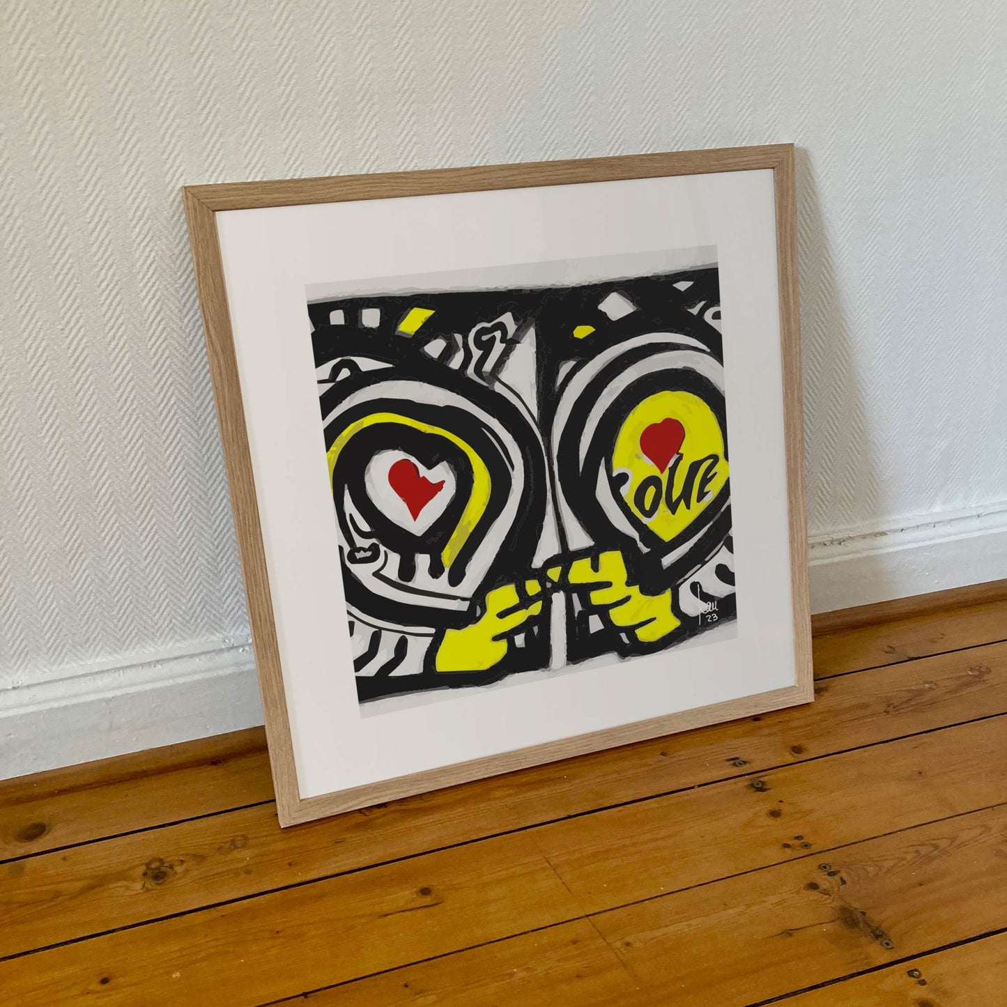 Le Lien, tirage d’art abstrait aux cœurs et mains en rouge et jaune.