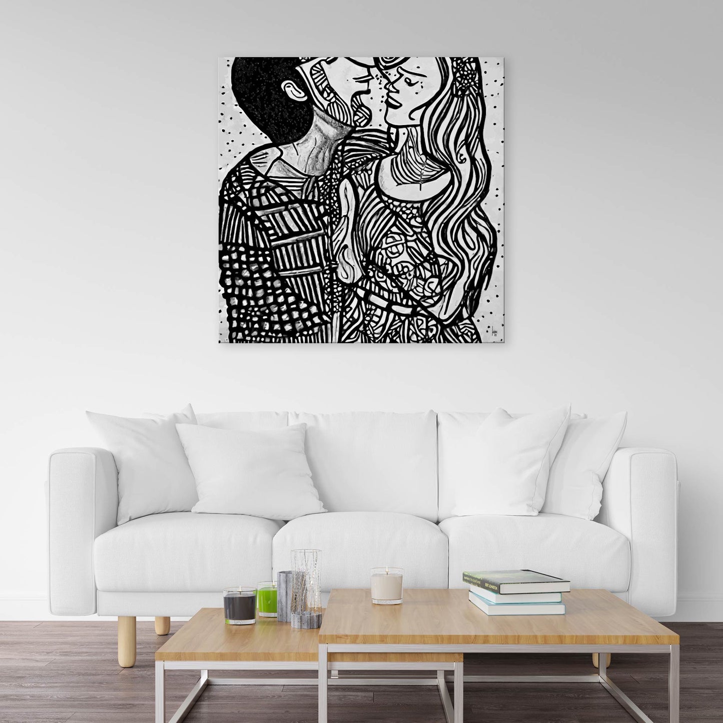 Décoration murale contemporaine avec l’œuvre "Pauline & Benjamin", tirage d’art représentant deux amoureux liés, apportant poésie et émotion à un espace moderne.