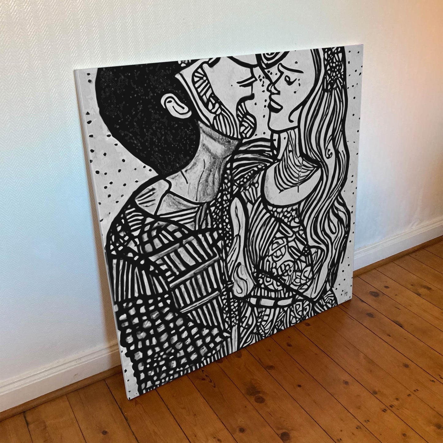 Tirage sur toile 100×100 cm de "Pauline & Benjamin", deux amants esquissés côte à côte, évocation de la complicité fraternelle dans un style minimaliste.