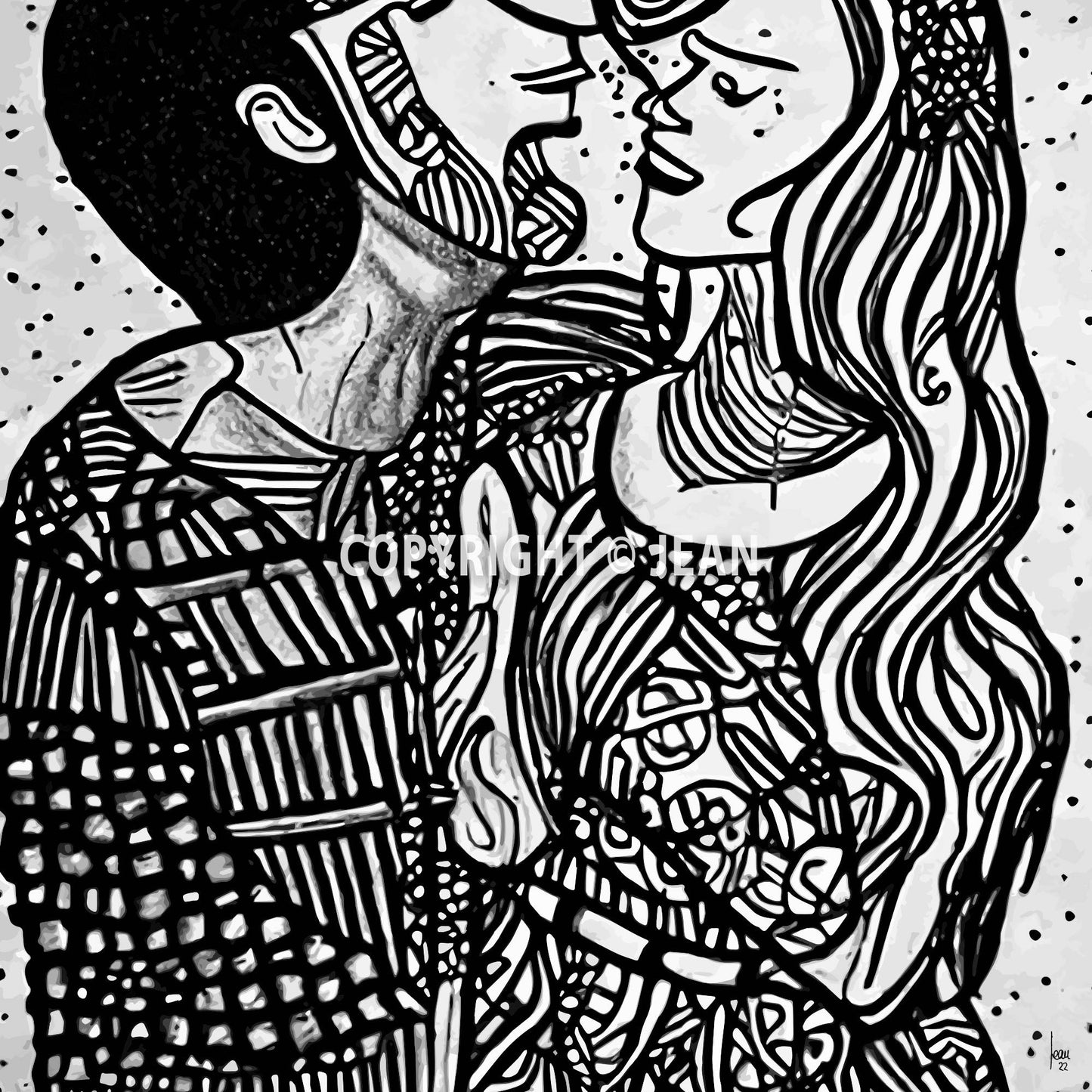 Oeuvre numérique "Pauline & Benjamin" : silhouettes stylisées de deux amoureux tenus par la main dans une composition épurée, aux traits délicats et poétique.