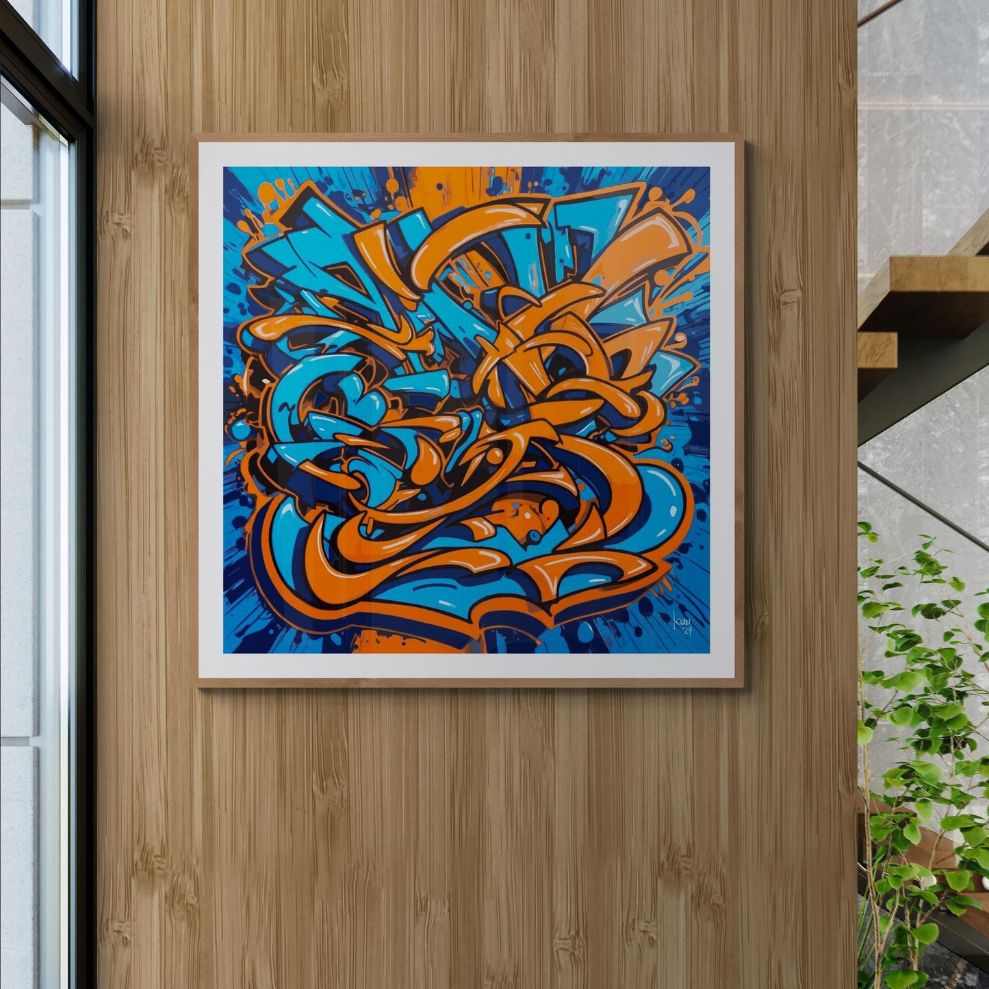 Œuvre 'EXPLOSION' encadrée, exposée dans un couloir moderne, motifs orange et bleu vibrants dans un style street art, dynamisant la décoration intérieure, 2024