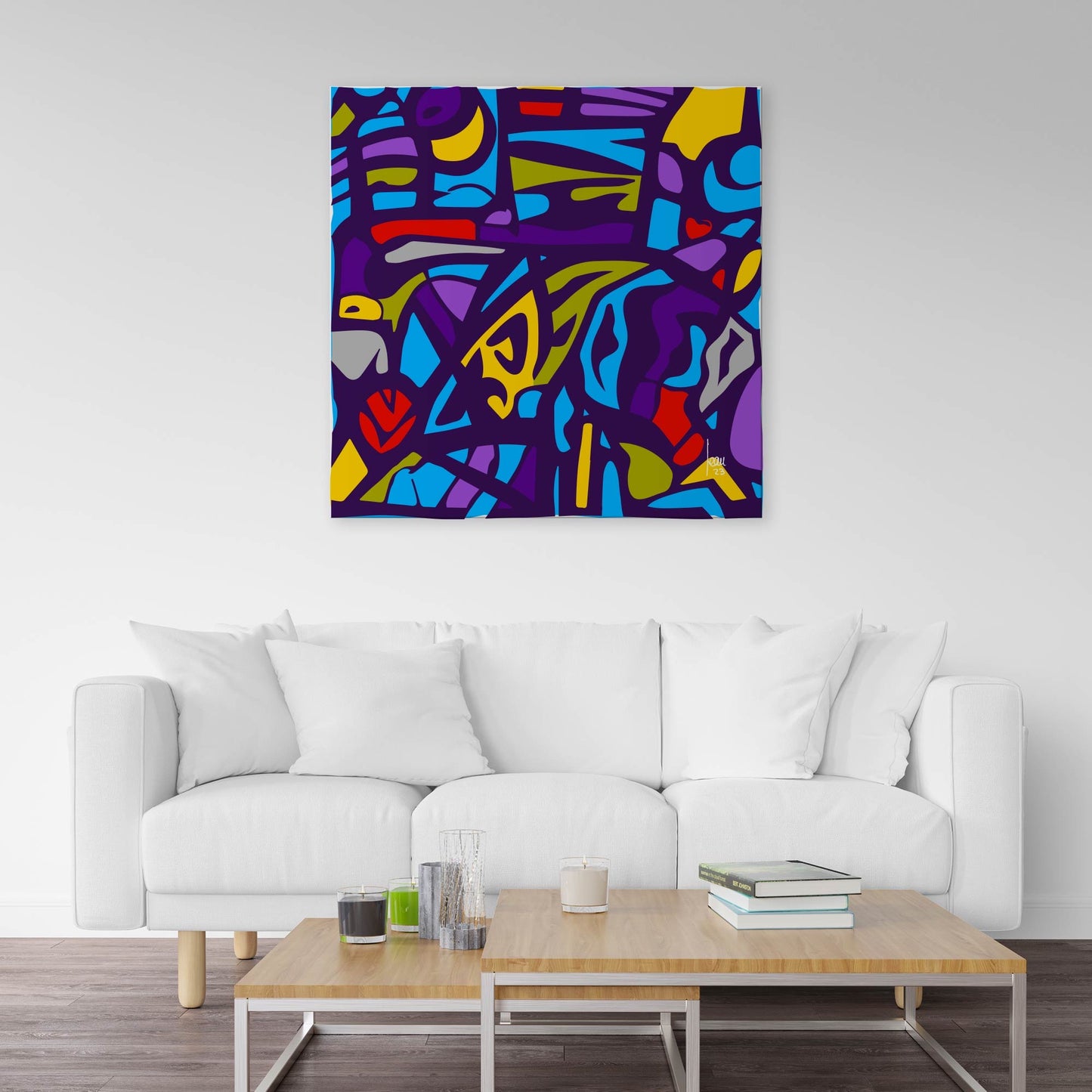 Les Vitraux Bleus, art abstrait exposé dans un séjour moderne.