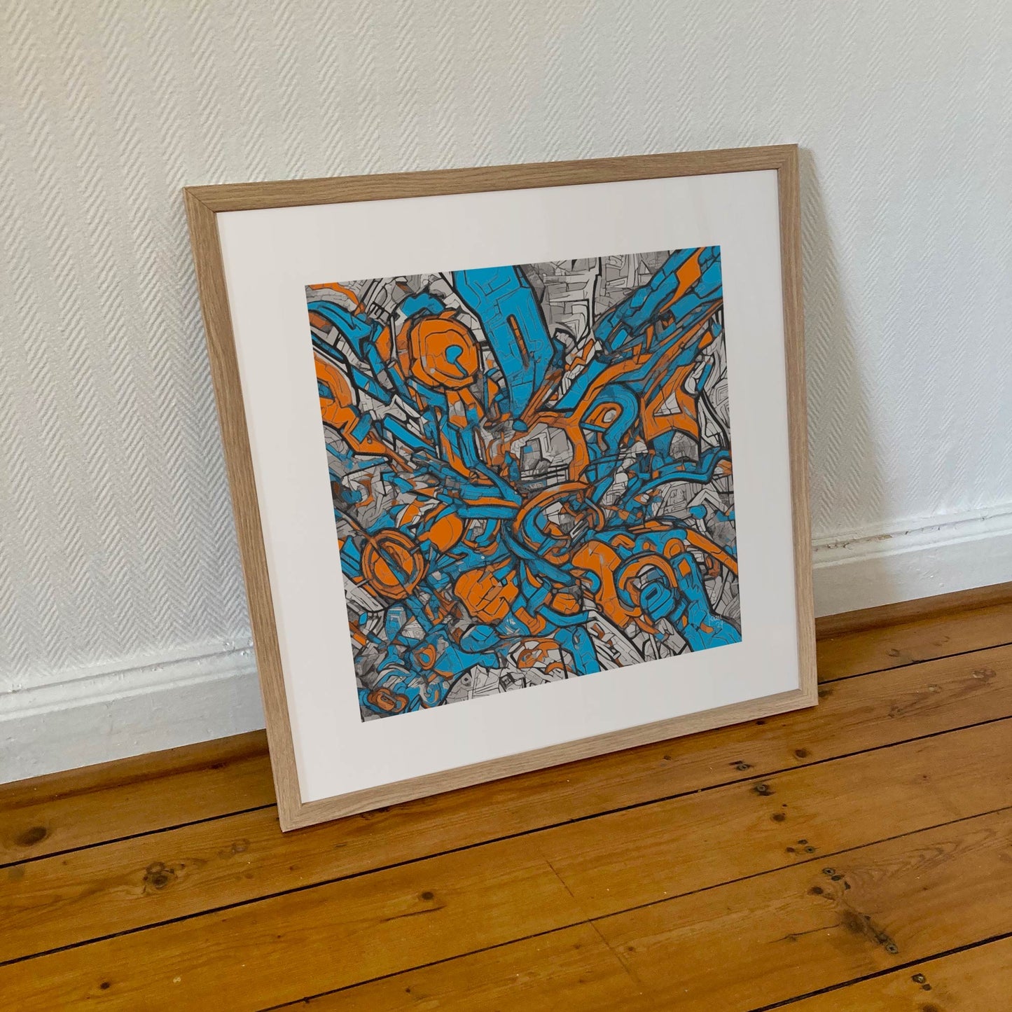 Metropolis, tirage abstrait contemporain en couleur, encadré 50x50 cm.