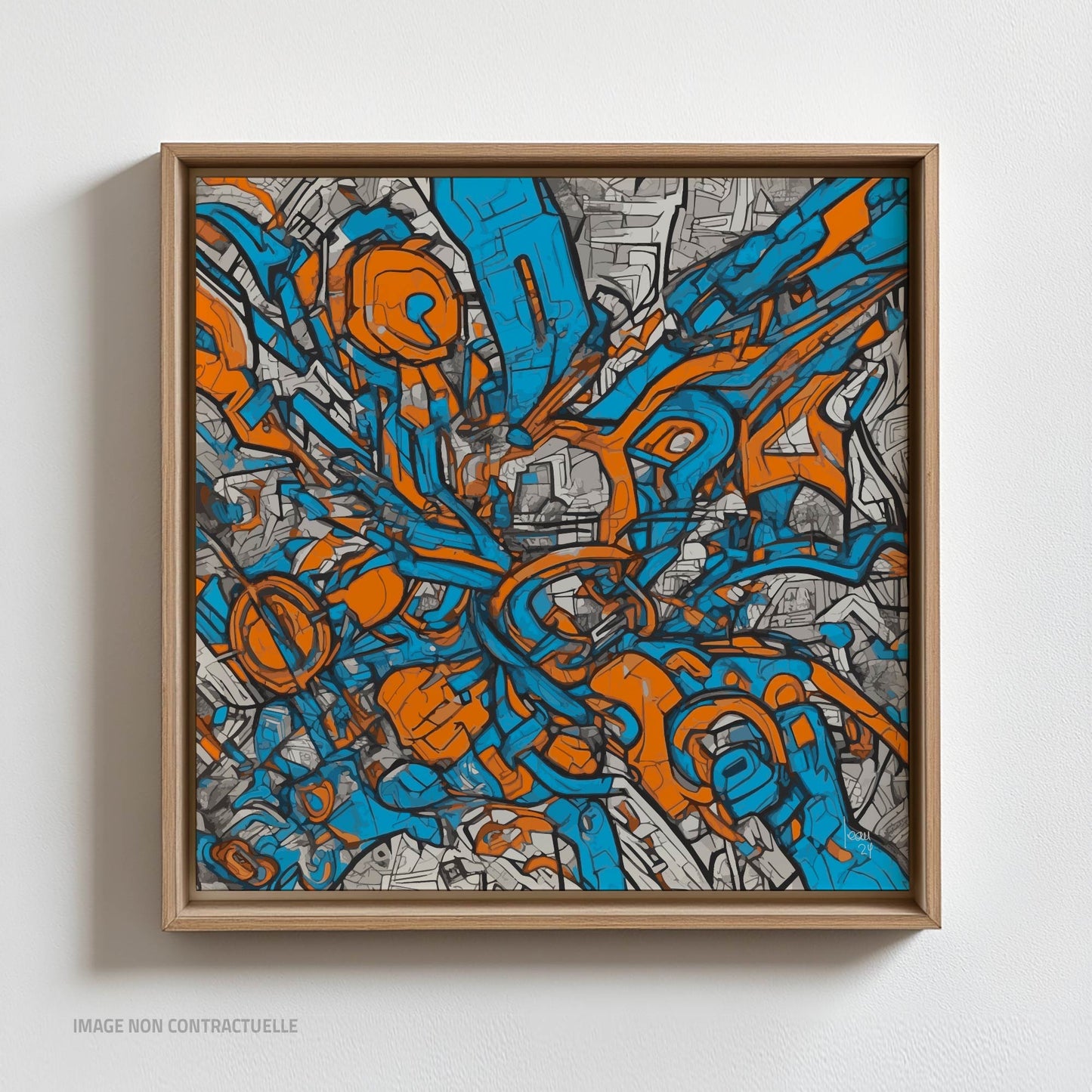 Metropolis, une ville orange et bleue, sur caisse américaine format 110x110 cm.