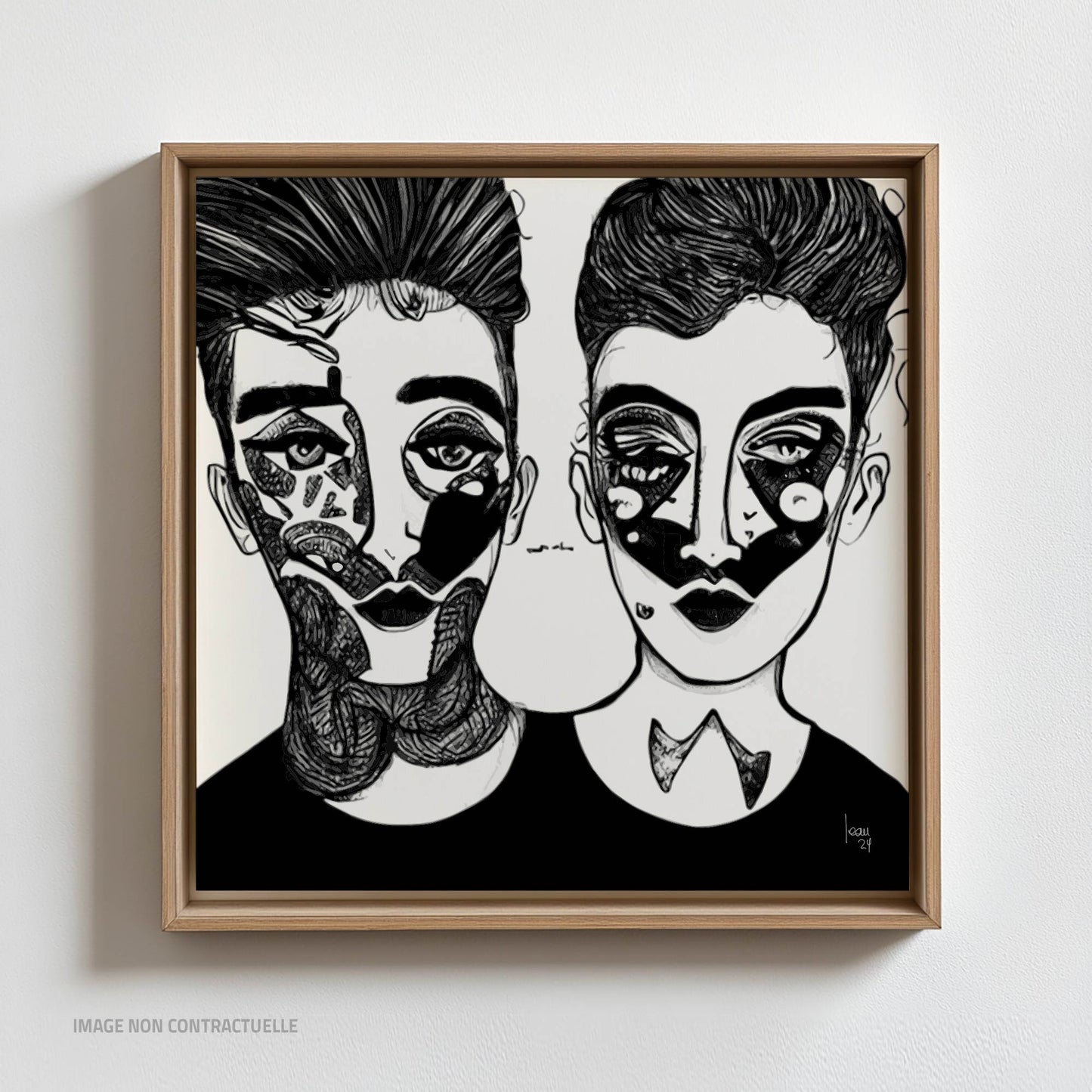 Œuvre 'SACHA & MAYA' sur cadre flottant en bois clair, visages noir et blanc avec motifs graphiques, tirage sur Dibond, style abstrait moderne, 2024