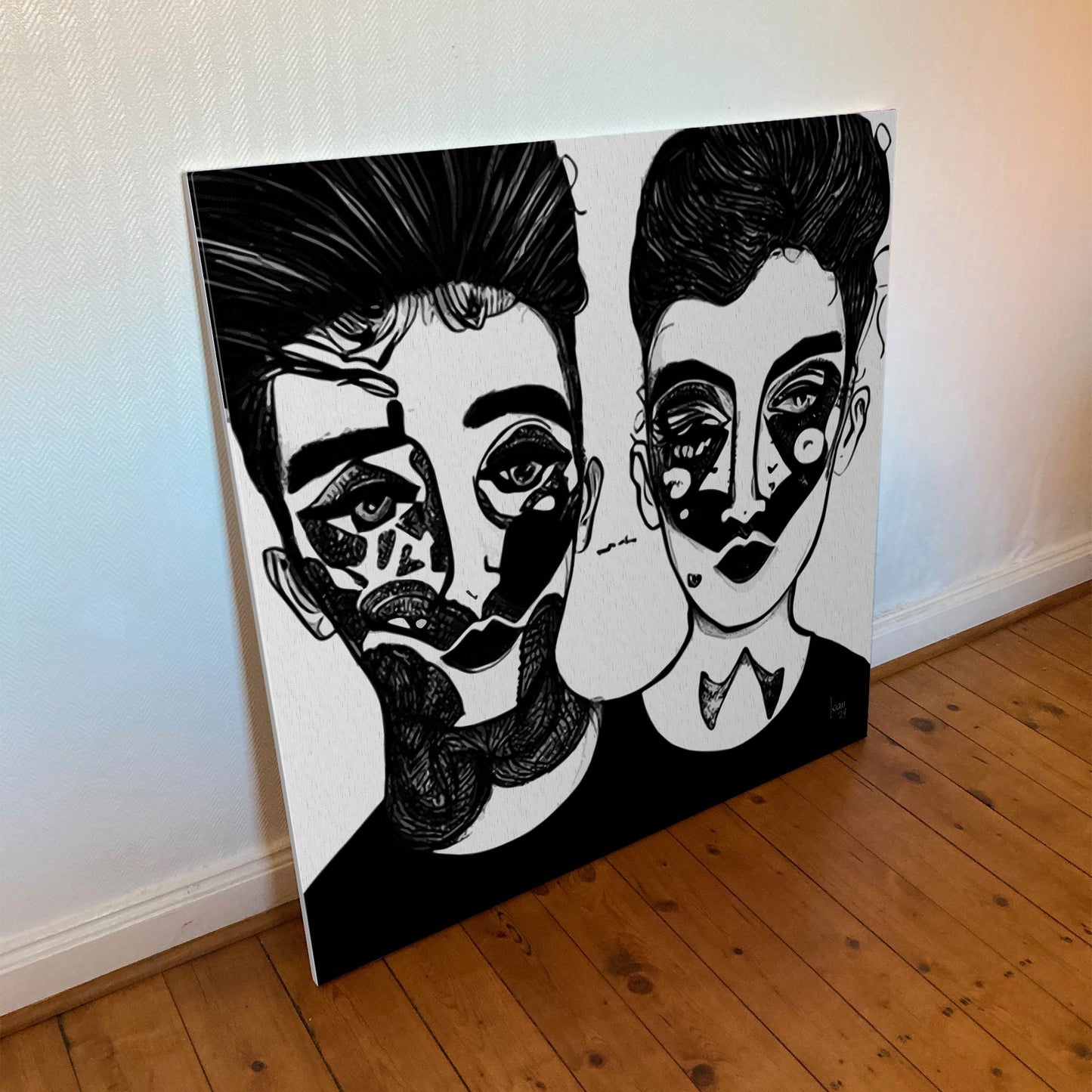 Œuvre 'SACHA & MAYA' sur toile Hahnemühle Canvas Goya 340g, visages noir et blanc aux motifs expressifs, style portrait abstrait contemporain, 2024