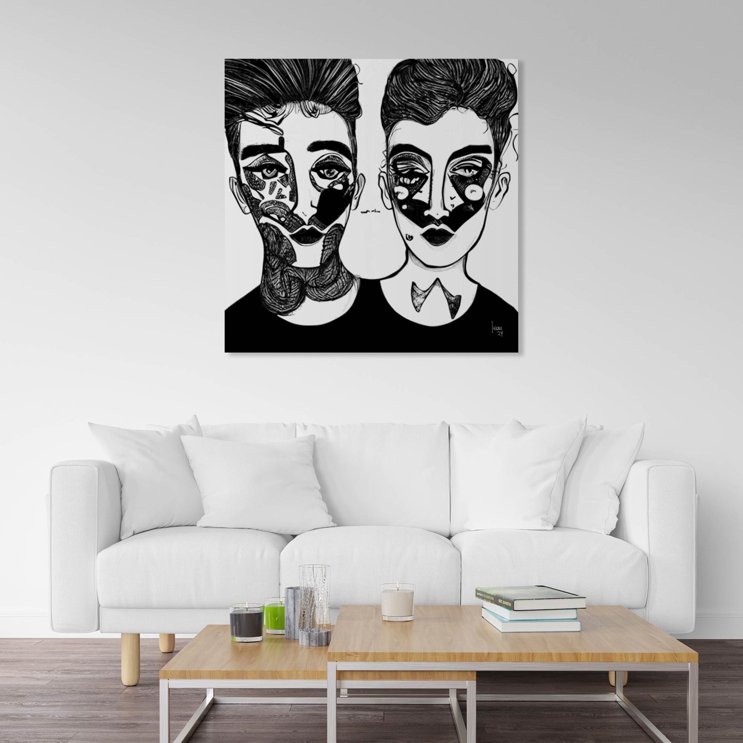 Œuvre 'SACHA & MAYA' exposée dans un salon raffiné, visages noir et blanc avec motifs graphiques, décoration intérieure moderne minimaliste, 2024