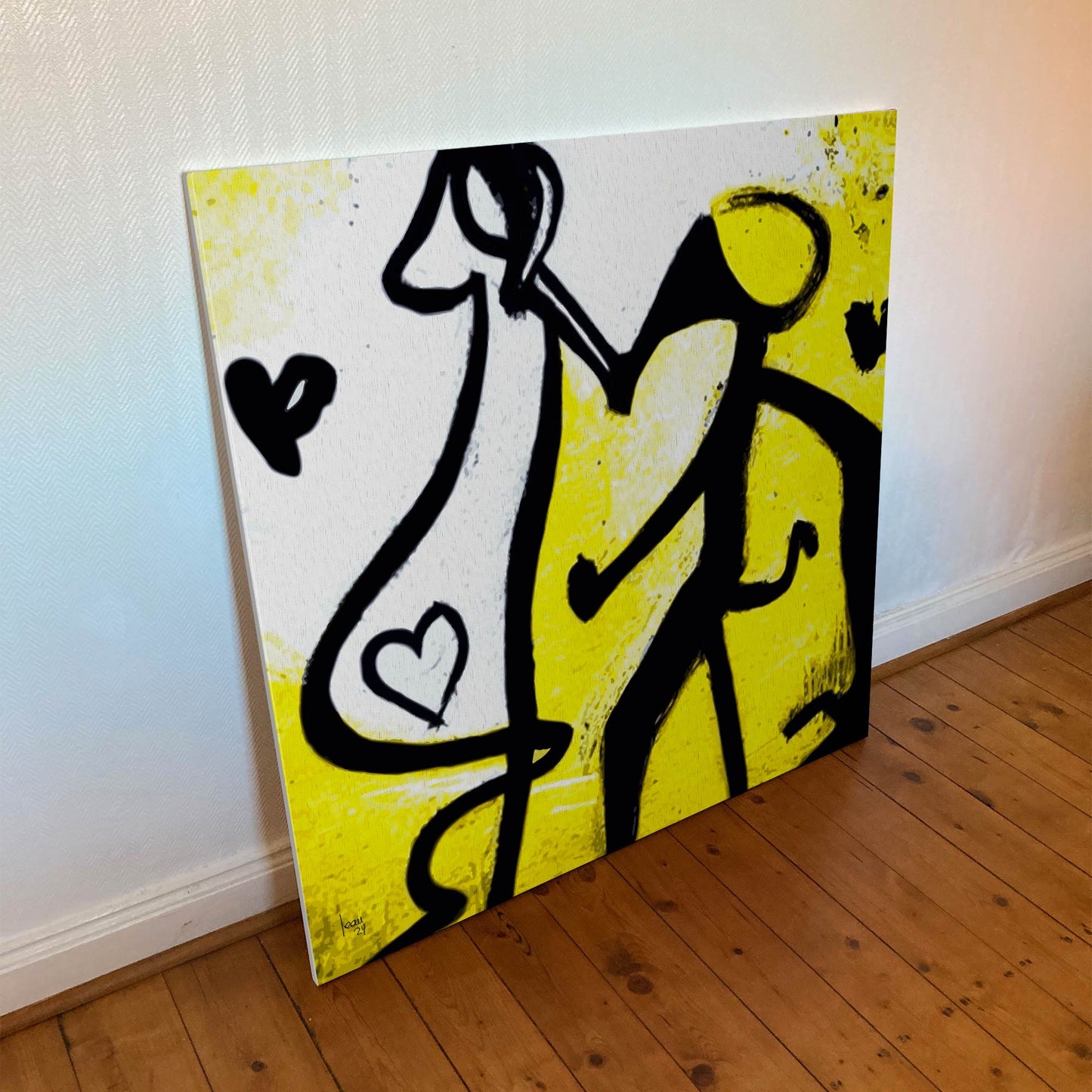 Tirage sur toile 100x100 cm de l’œuvre Marche des animaux, illustrant la dynamique joyeuse d’une faune imaginaire colorée.