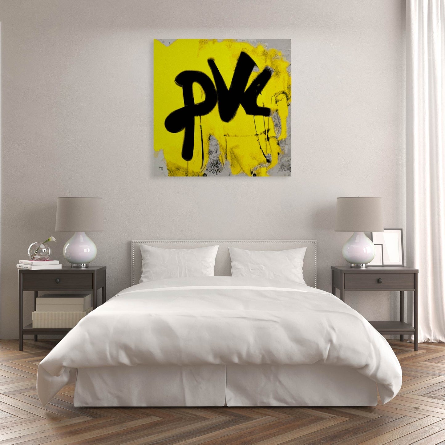 Œuvre PVL exposée dans un intérieur contemporain, apportant une touche graphique et vibrante à la décoration.