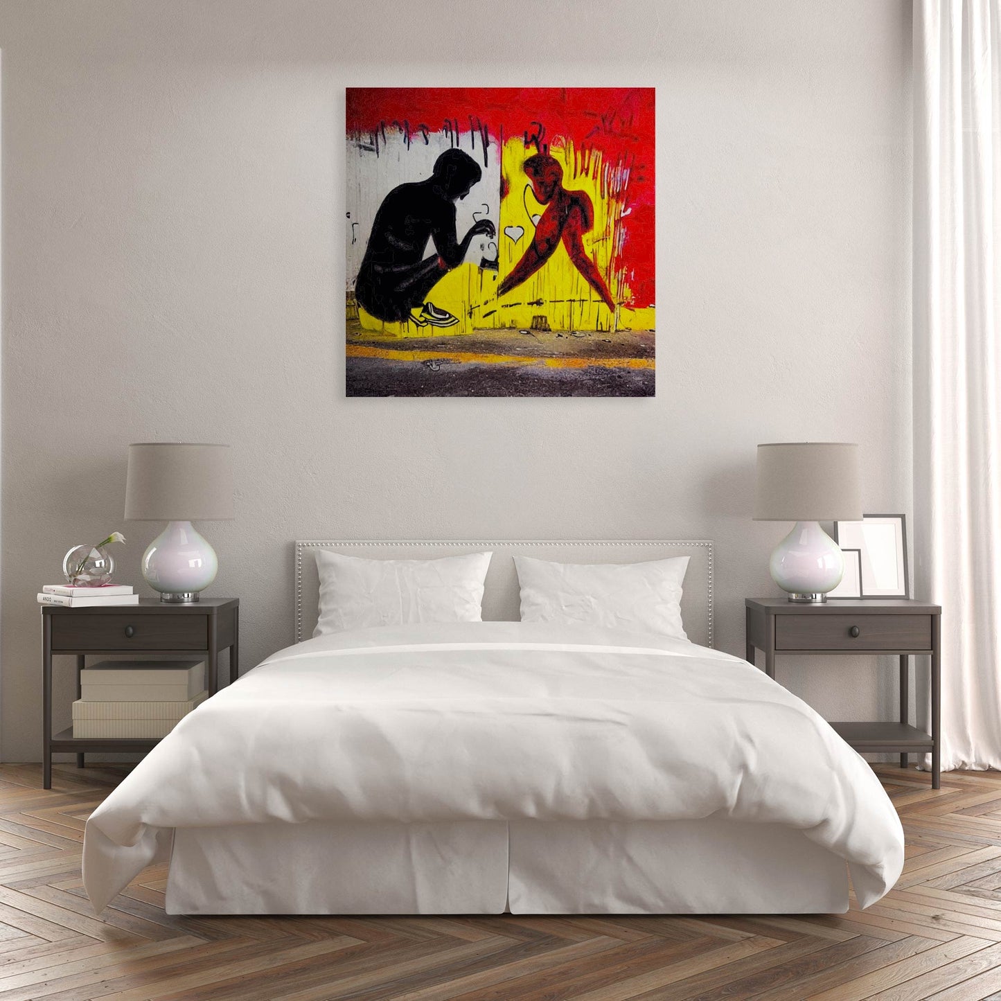 Lueur, tirage d'art contemporain abstrait exposé dans une chambre moderne, format 100x100 cm.