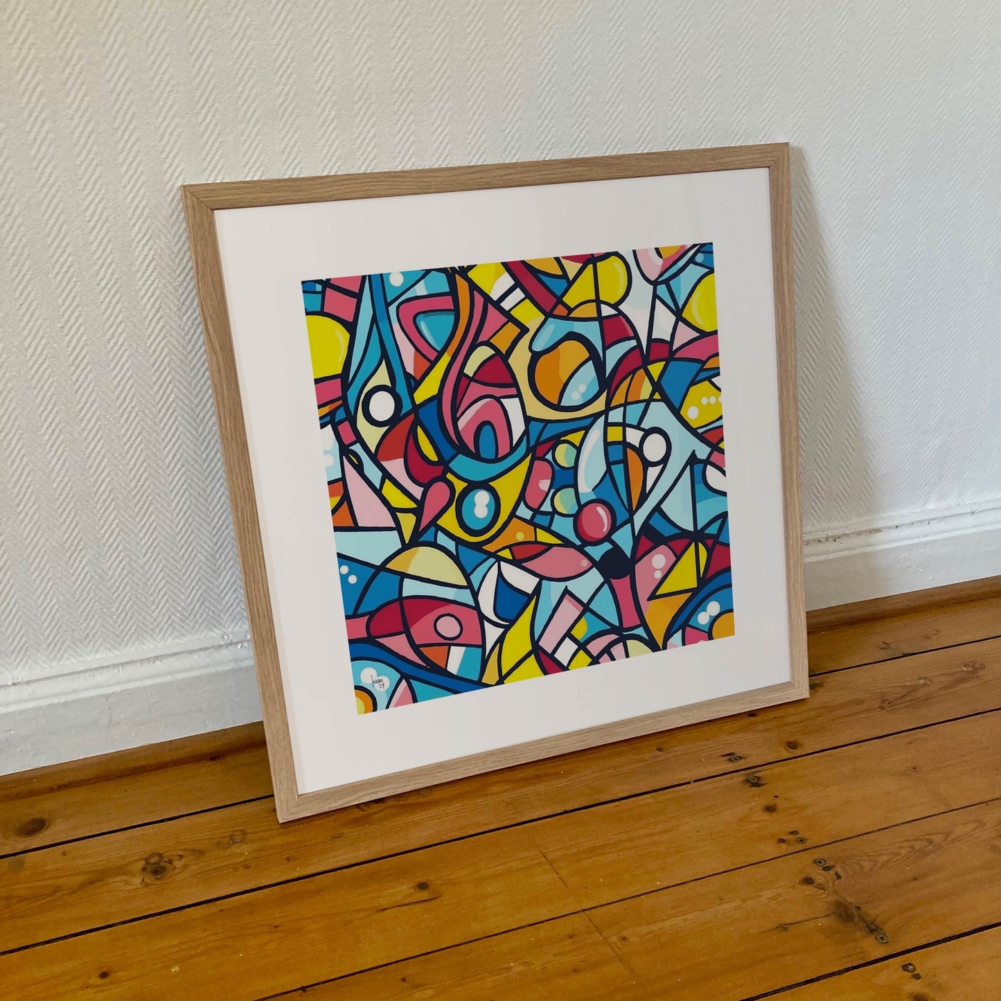 Tirage encadré 70×70 cm de "Molécules", art numérique illustrant des formes interconnectées évoquant des réactions chimiques ou biologiques.