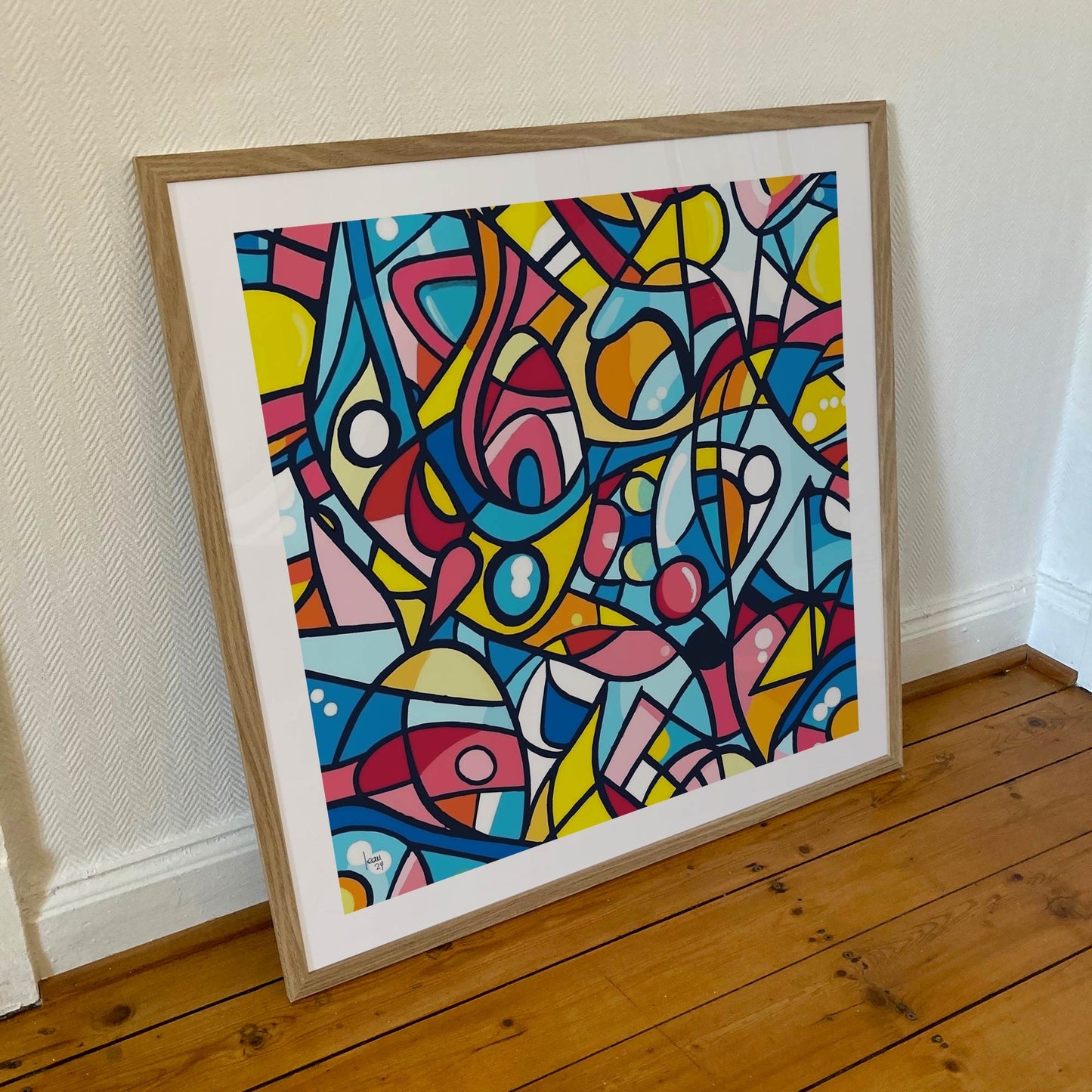 Tirage encadré 70×70 cm de "Molécules", art numérique illustrant des formes interconnectées évoquant des réactions chimiques ou biologiques.