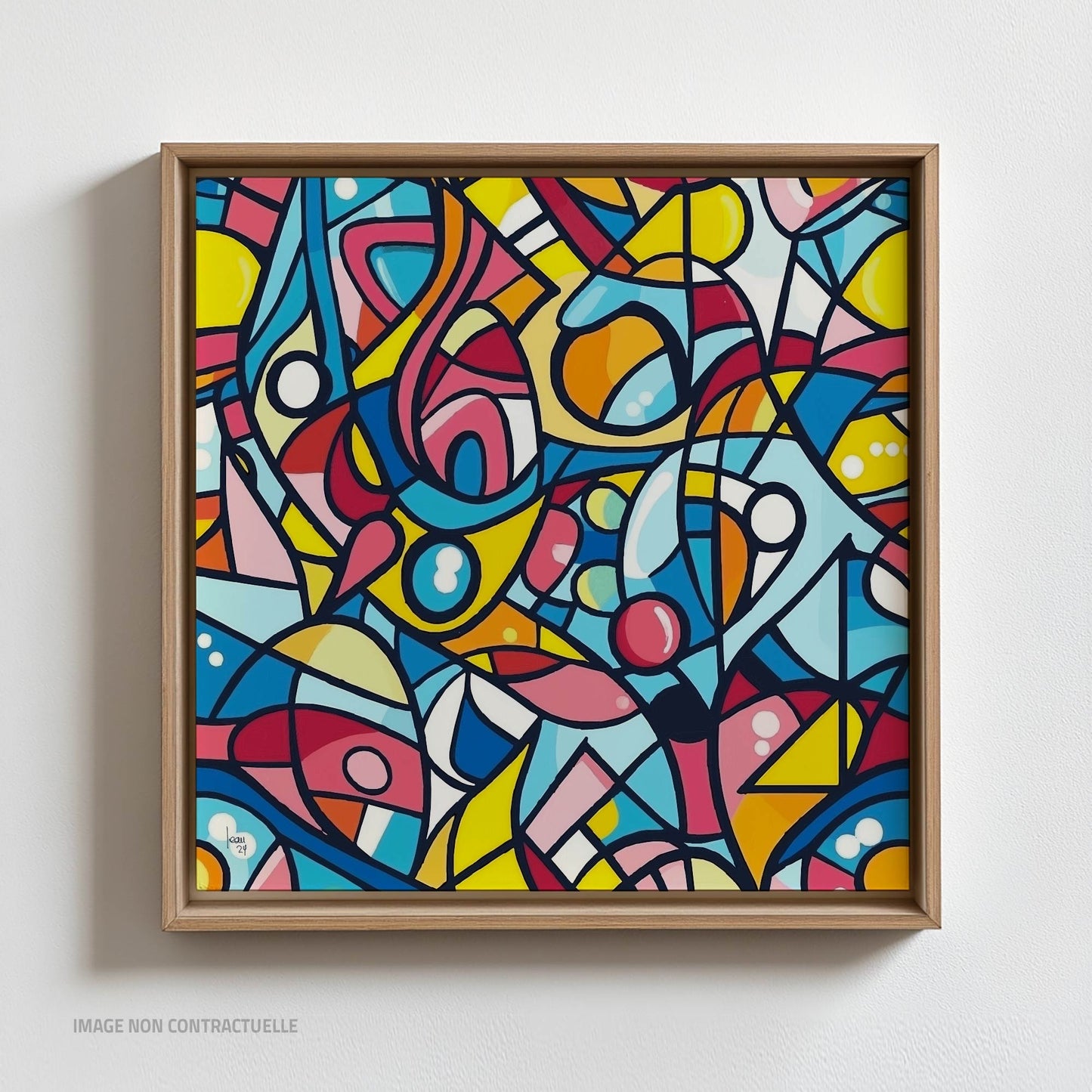 Tirage sur caisse américaine 110×110 cm de "Molécules", art numérique illustrant des formes interconnectées évoquant des réactions chimiques ou biologiques.