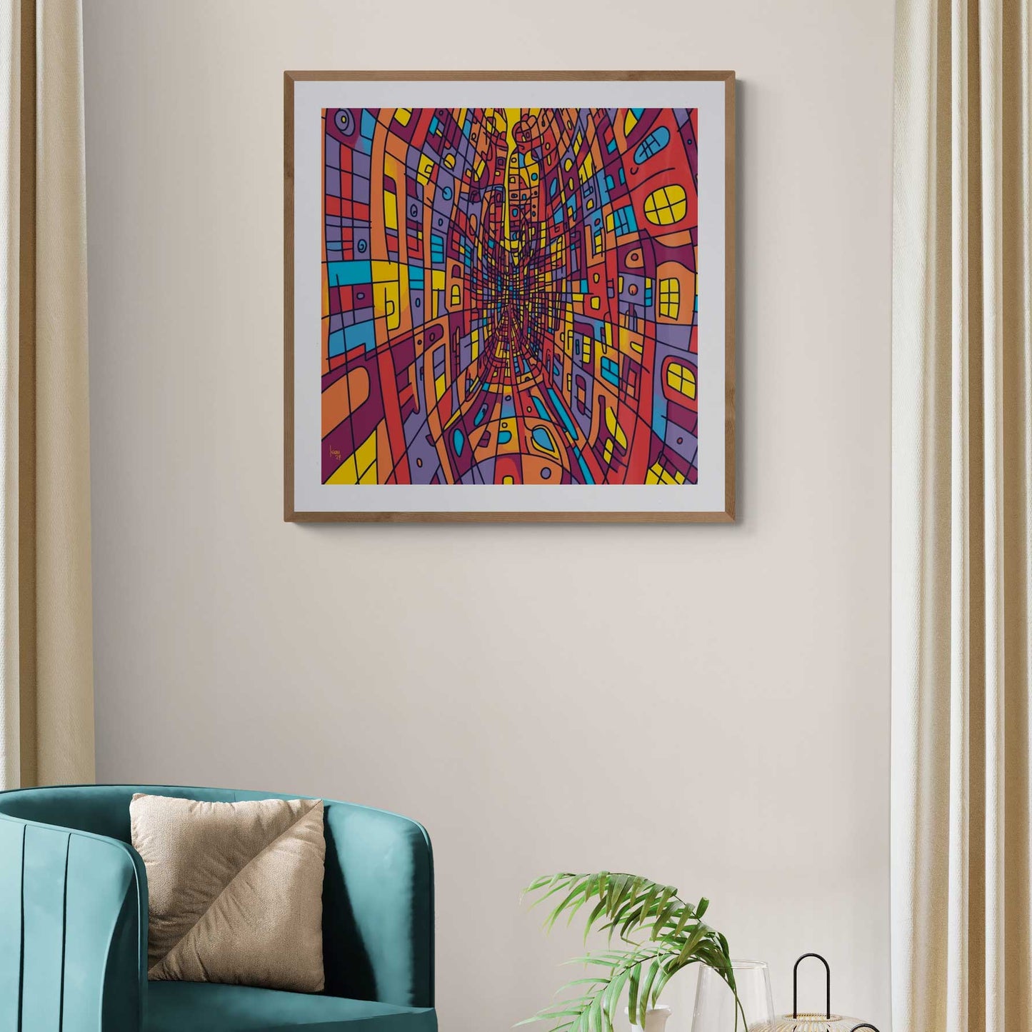 Tirage d’art "Passage" encadré dans un salon contemporain, œuvre numérique abstraite par Limonade Bleue