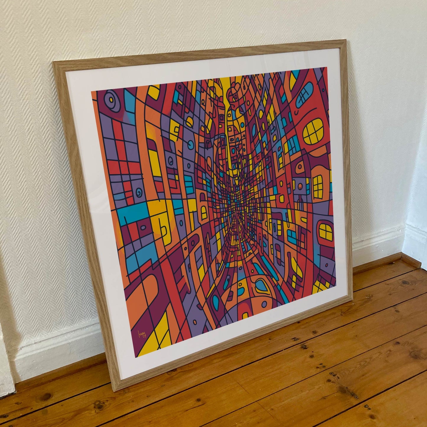 Œuvre Passage encadrée dans un intérieur moderne, tirage d'art numérique en édition limitée. Format 70x70cm