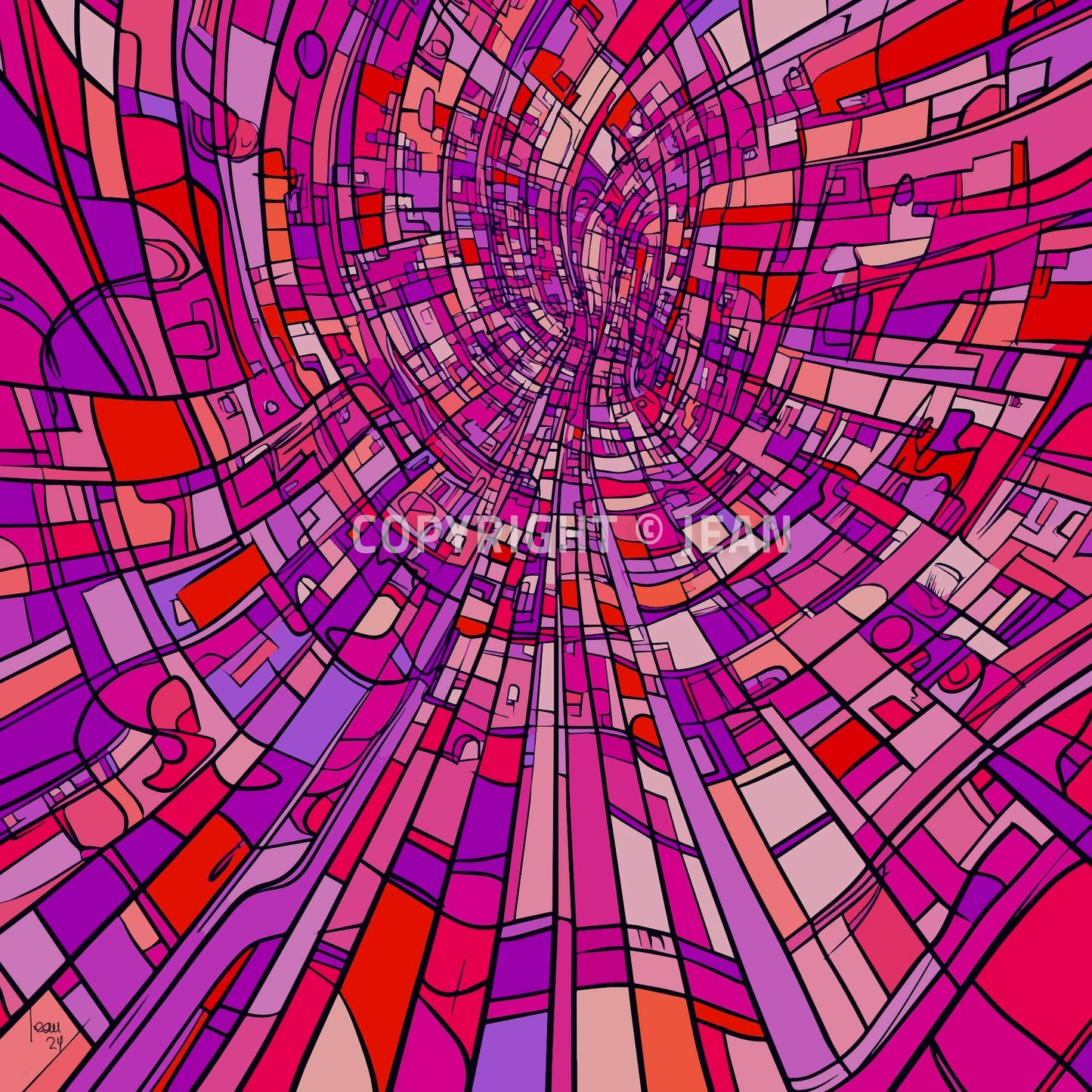Œuvre contemporaine "Le Tube", art abstrait aux tons rouges et roses, tirage d'art numérique disponible sur Limonade Bleue.
