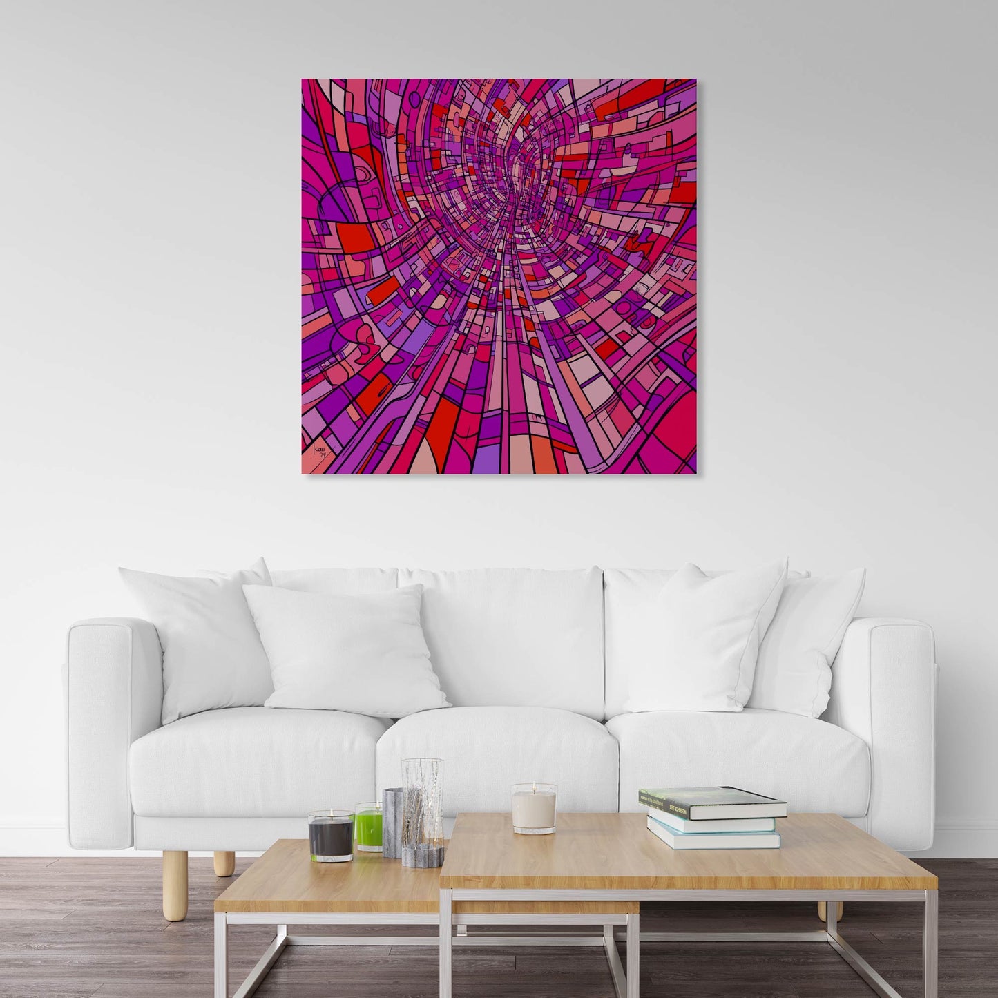 Tableau "Le Tube", art abstrait en tons chauds, exposé dans un séjour moderne, disponible en tirage sur Limonade Bleue.