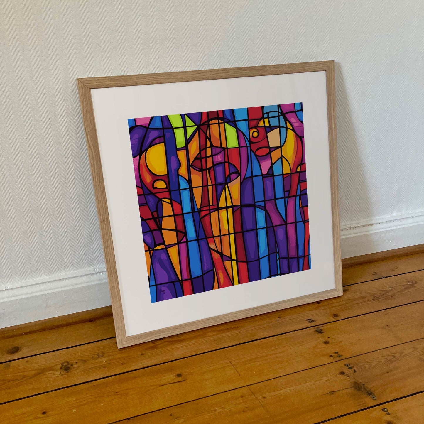 Vitrail tirage d'art abstrait encadré en format 50x50cm, art contemporain