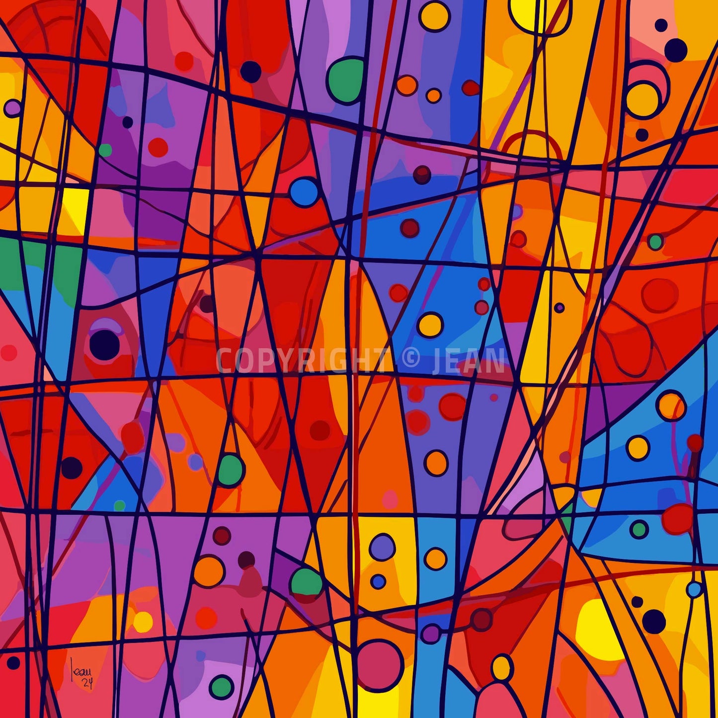 Œuvre contemporaine 'OXYGÈNE' avec couleurs vives rouge, bleu, jaune, violet et lignes noires dynamiques, style abstraction géométrique, vitalité et mouvement, 2024