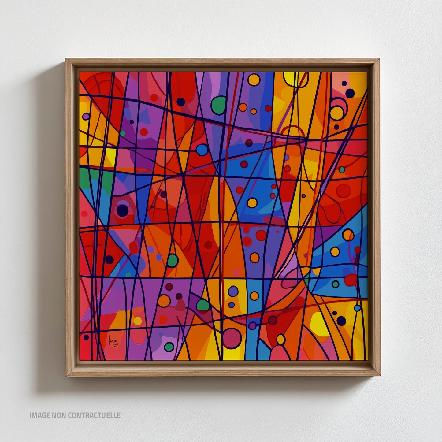 OXYGÈNE' sur cadre flottant en bois clair, tirage sur Dibond avec rouge, bleu, jaune, violet et lignes noires, style abstrait dynamique, 2024