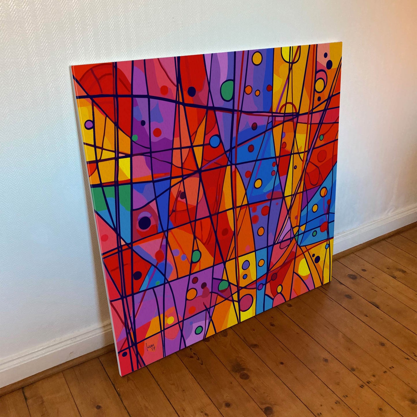 Œuvre 'OXYGÈNE' imprimée sur toile Hahnemühle Canvas Goya 340g, couleurs intenses rouge, bleu, jaune, violet et lignes noires, art géométrique vibrant, 2024