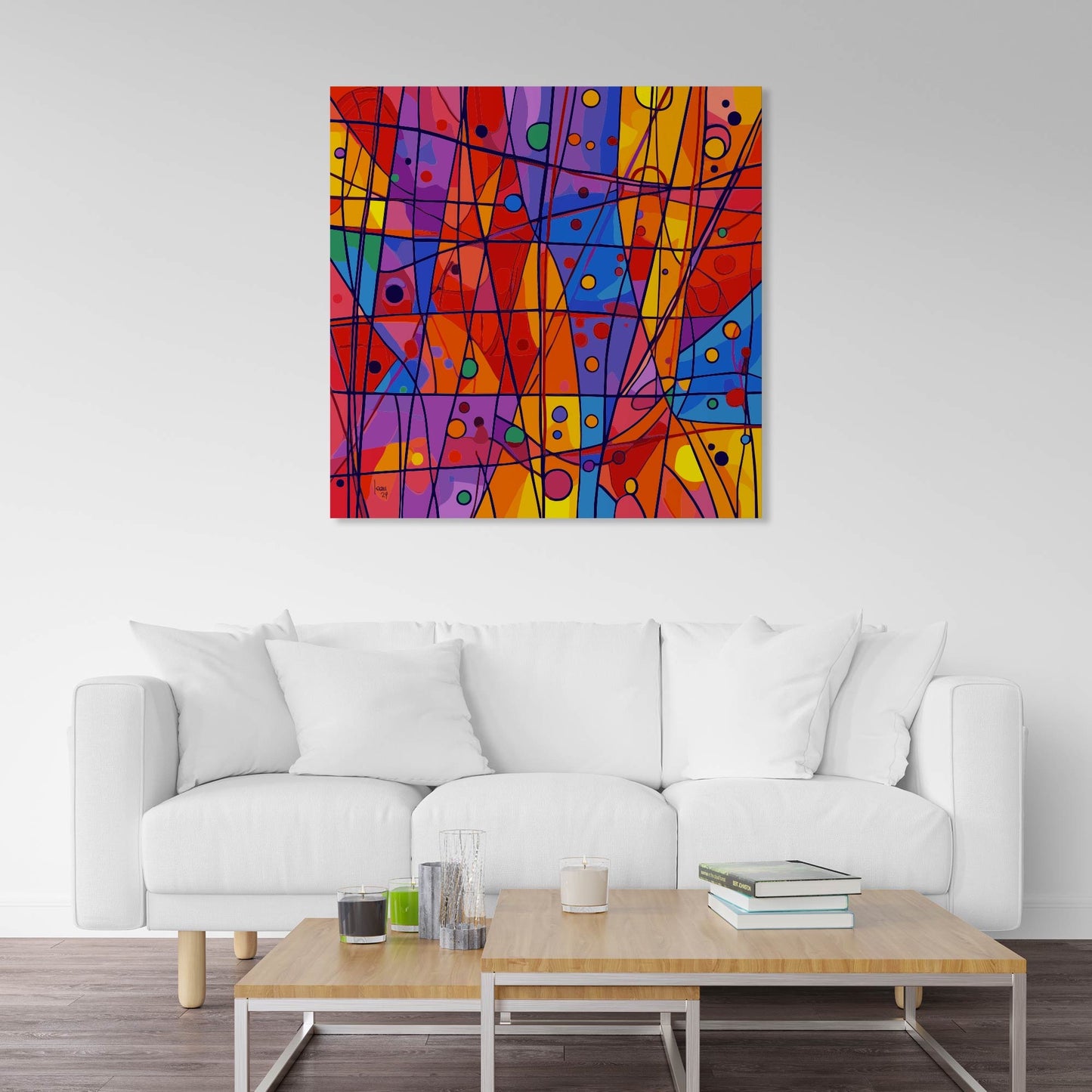 Œuvre 'OXYGÈNE' exposée dans un salon moderne, couleurs vives rouge, bleu, jaune, violet et lignes noires dynamiques, décoration intérieure audacieuse, 2024