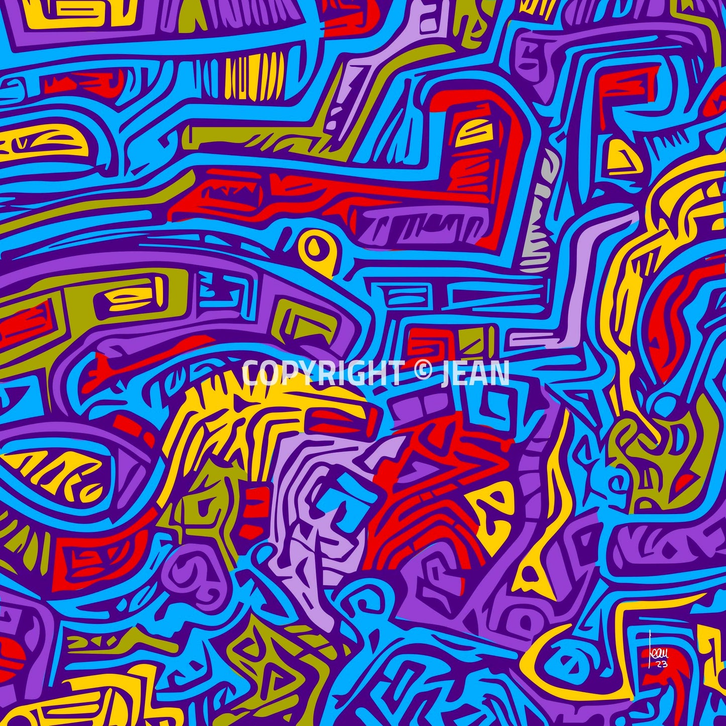Tirage d'art numérique "La Ville Bleue" - œuvre contemporaine et abstraite avec des motifs géométriques en bleu, rouge, jaune et vert, disponible sur limonadebleue.com