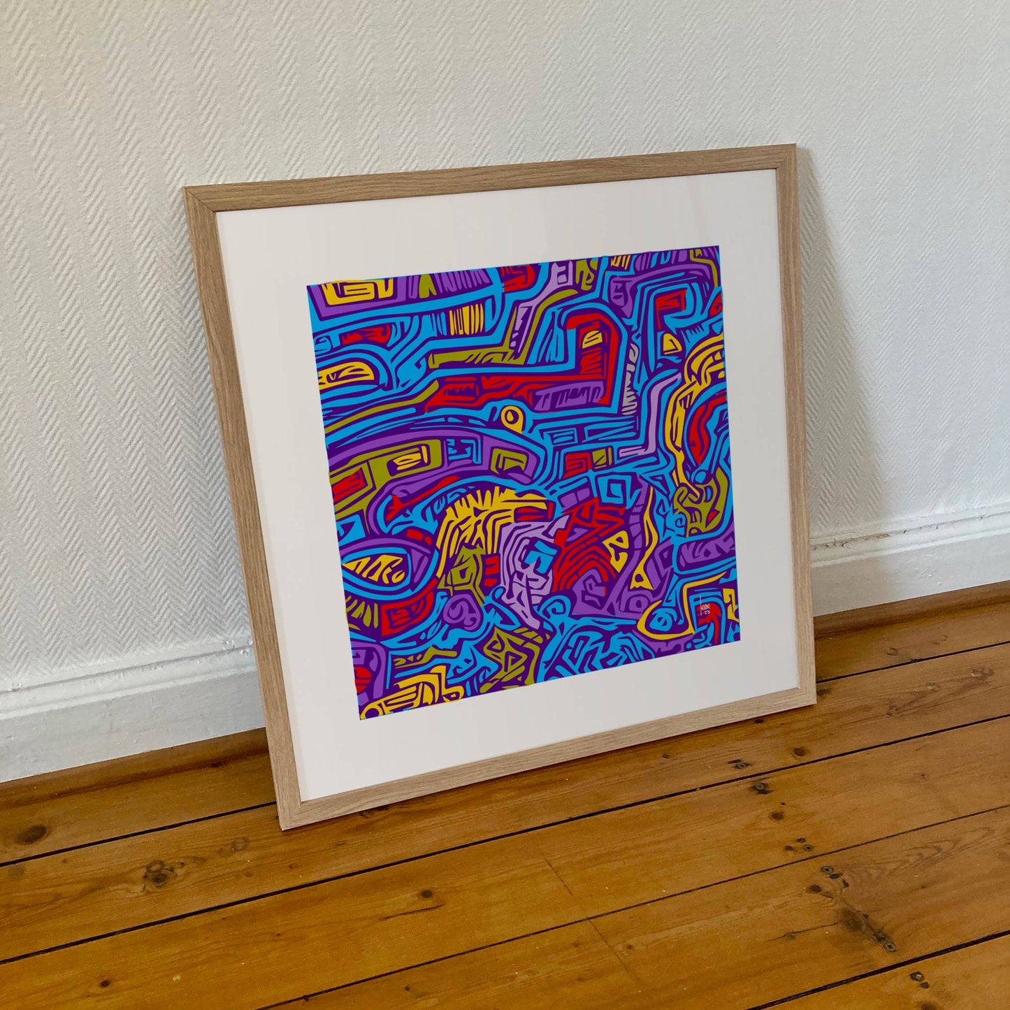 Détail encadré de "La Ville Bleue", papier de qualité musée, couleurs vives et design abstrait.