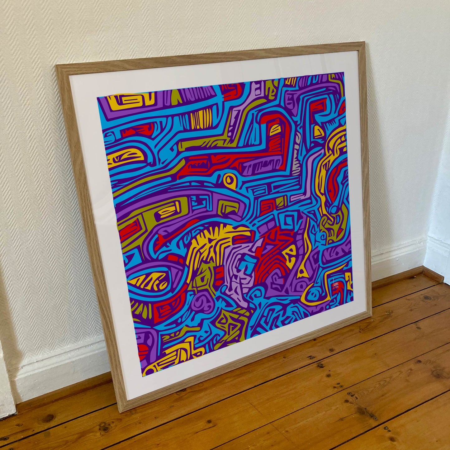 Tirage d'art "La Ville Bleue" encadré 70x70 cm - création urbaine abstraite avec un design coloré et moderne.
