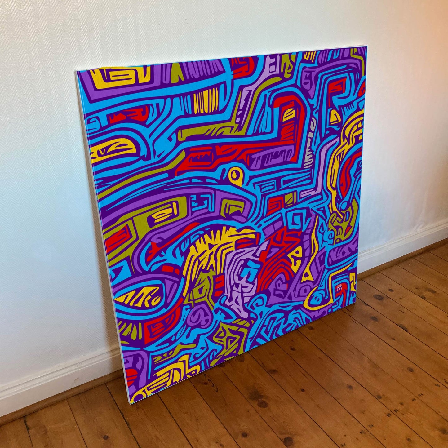 Œuvre "La Ville Bleue"' - tirage monté sur toile 100x100 cm, art numérique urbain et poétique.