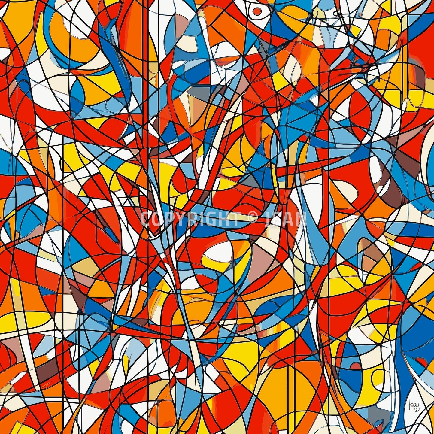 Œuvre contemporaine 'AGITATION' avec lignes noires entremêlées et couleurs vives rouge, bleu, jaune, orange, style abstrait expressif, énergie et mouvement, 2024